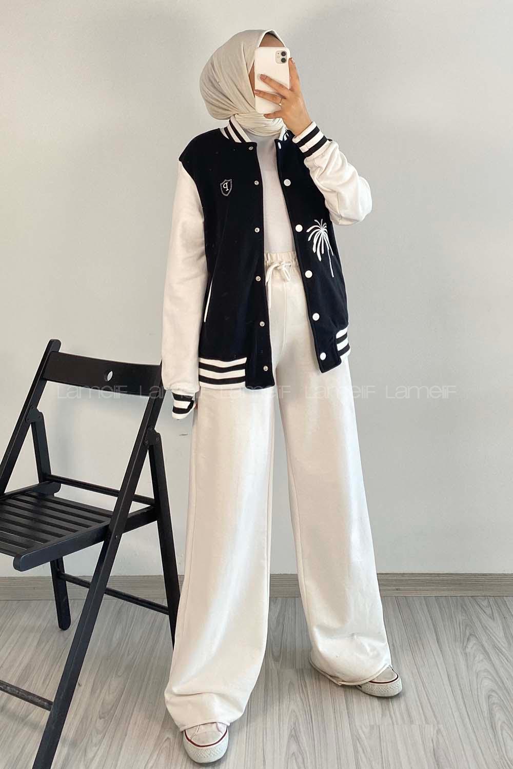 Modalamelif LA Nakışlı Sırt Nakış İşlemeli Kolej Ceket Siyah-Ekru