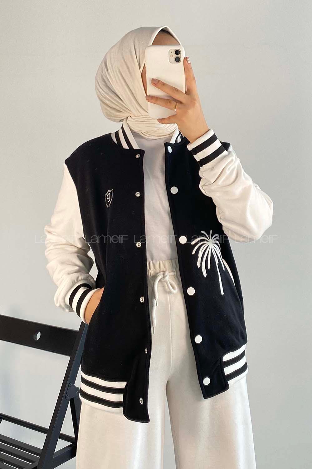 Modalamelif LA Nakışlı Sırt Nakış İşlemeli Kolej Ceket Siyah-Ekru