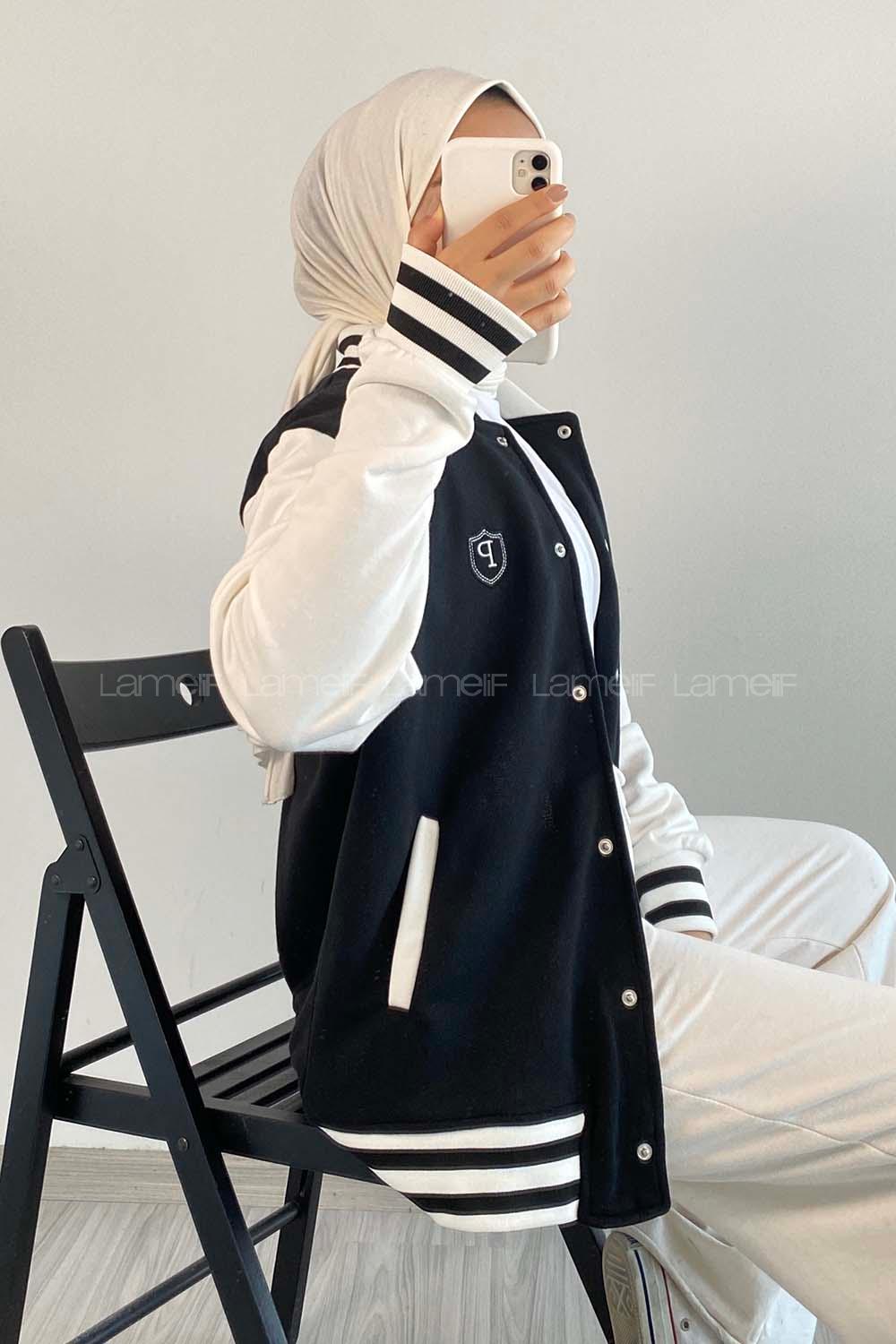 Modalamelif LA Nakışlı Sırt Nakış İşlemeli Kolej Ceket Siyah-Ekru