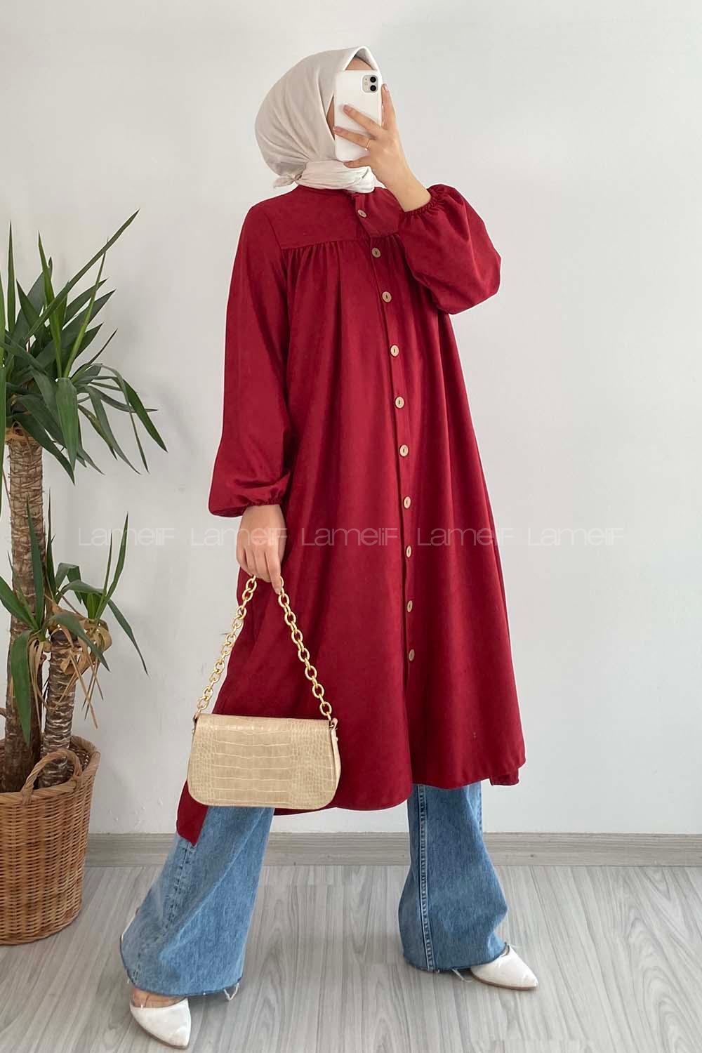 Modalamelif Önü Boydan Düğme Detaylı Gizli Cepli Tunik Bordo
