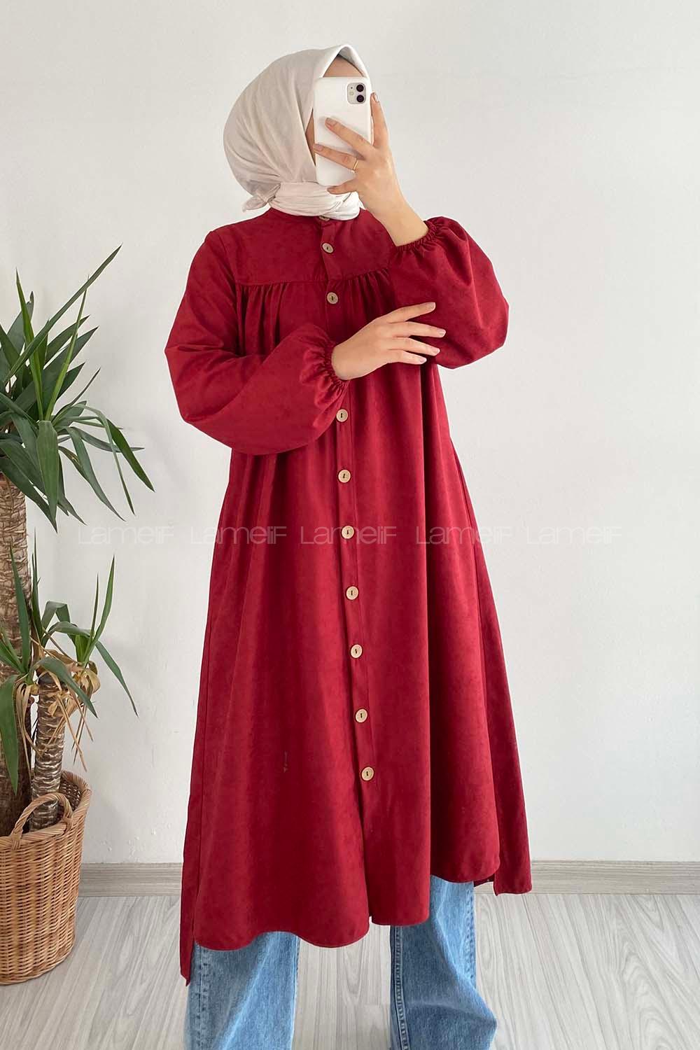 Modalamelif Önü Boydan Düğme Detaylı Gizli Cepli Tunik Bordo