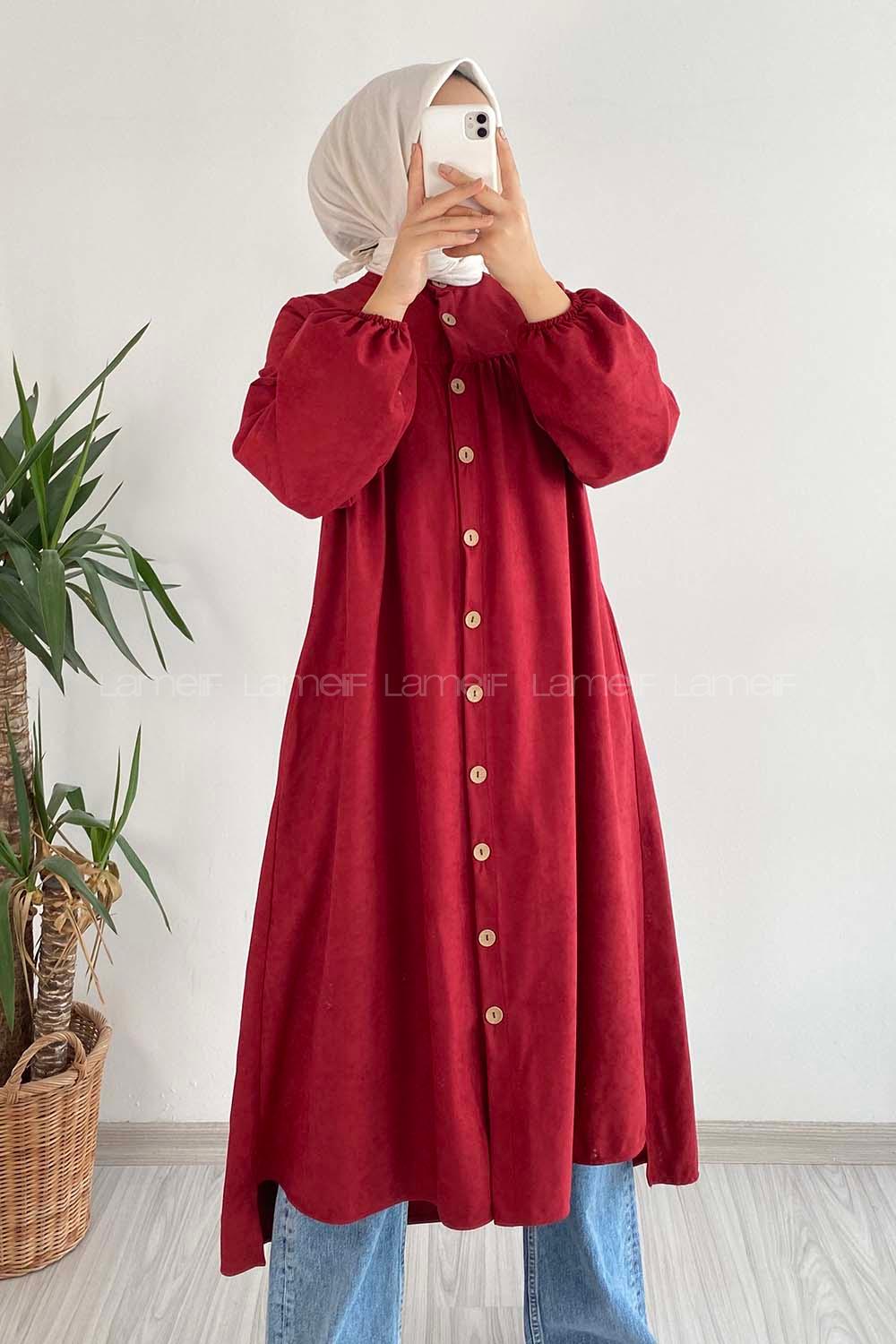 Modalamelif Önü Boydan Düğme Detaylı Gizli Cepli Tunik Bordo