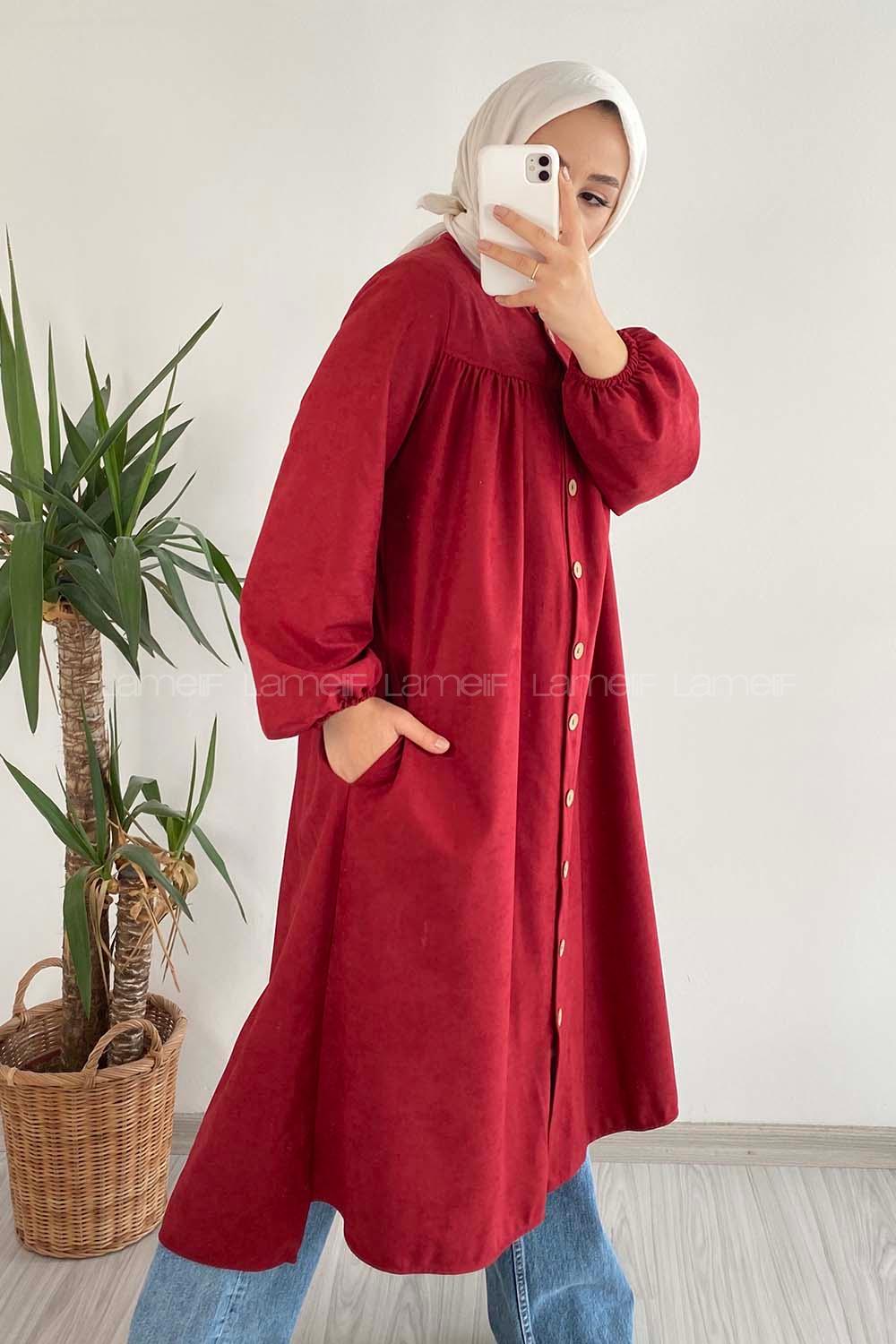 Modalamelif Önü Boydan Düğme Detaylı Gizli Cepli Tunik Bordo