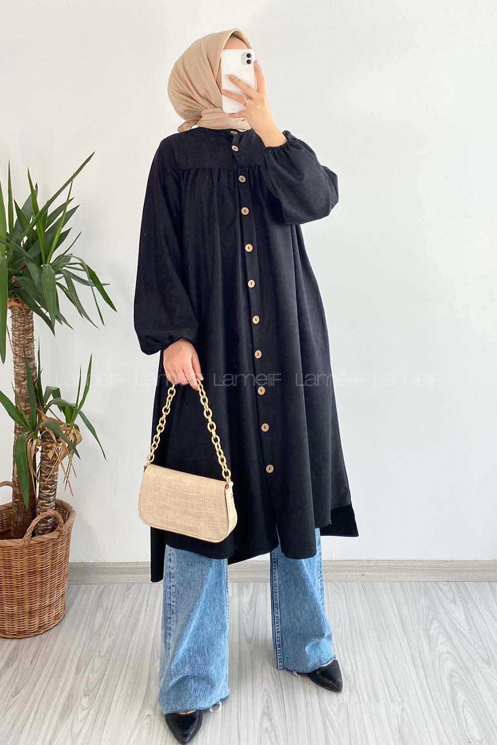 Modalamelif Önü Boydan Düğme Detaylı Gizli Cepli Tunik Siyah