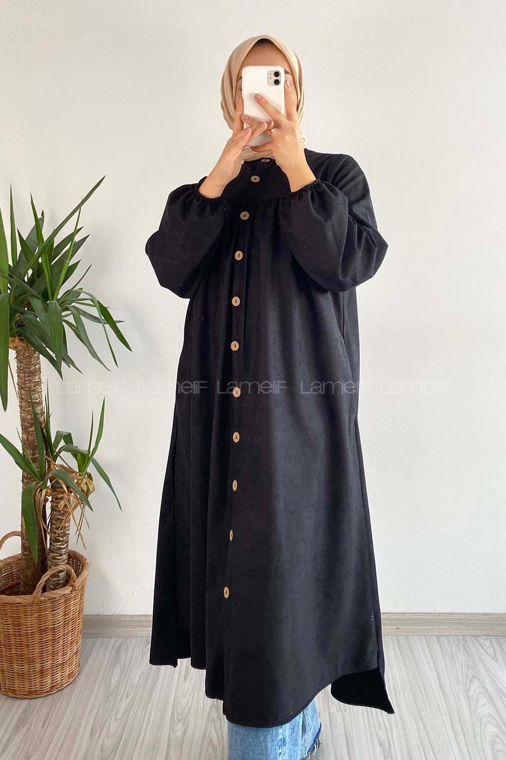 Modalamelif Önü Boydan Düğme Detaylı Gizli Cepli Tunik Siyah