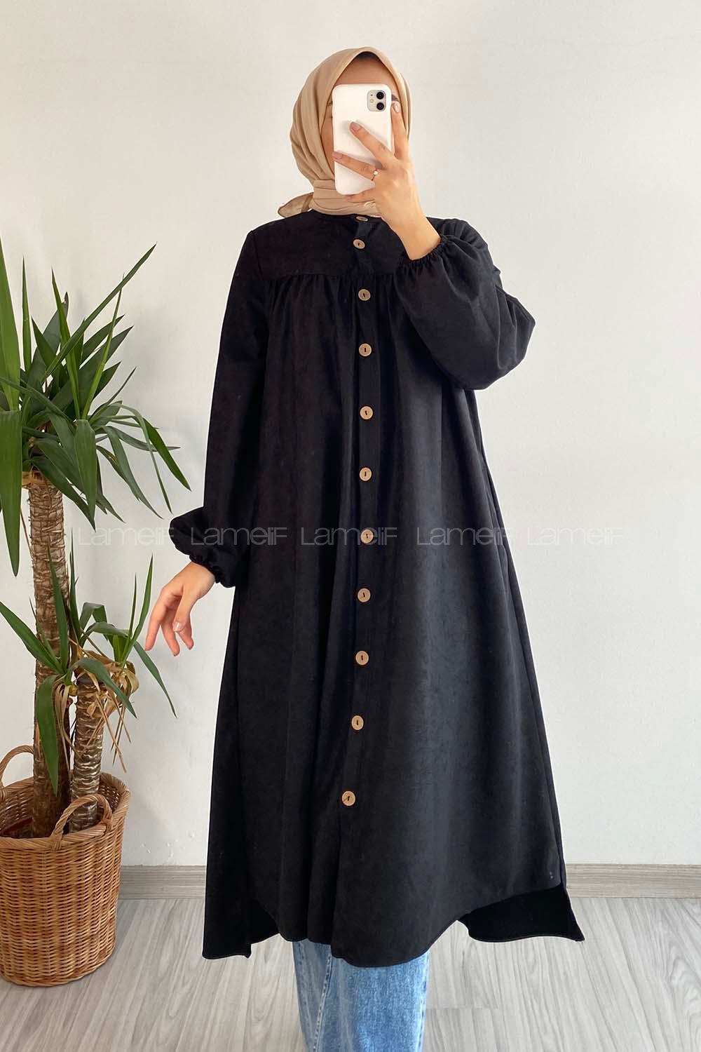 Modalamelif Önü Boydan Düğme Detaylı Gizli Cepli Tunik Siyah