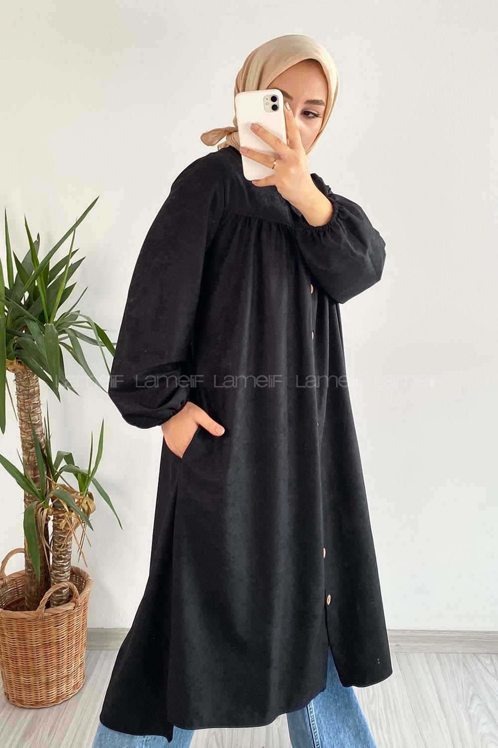 Modalamelif Önü Boydan Düğme Detaylı Gizli Cepli Tunik Siyah