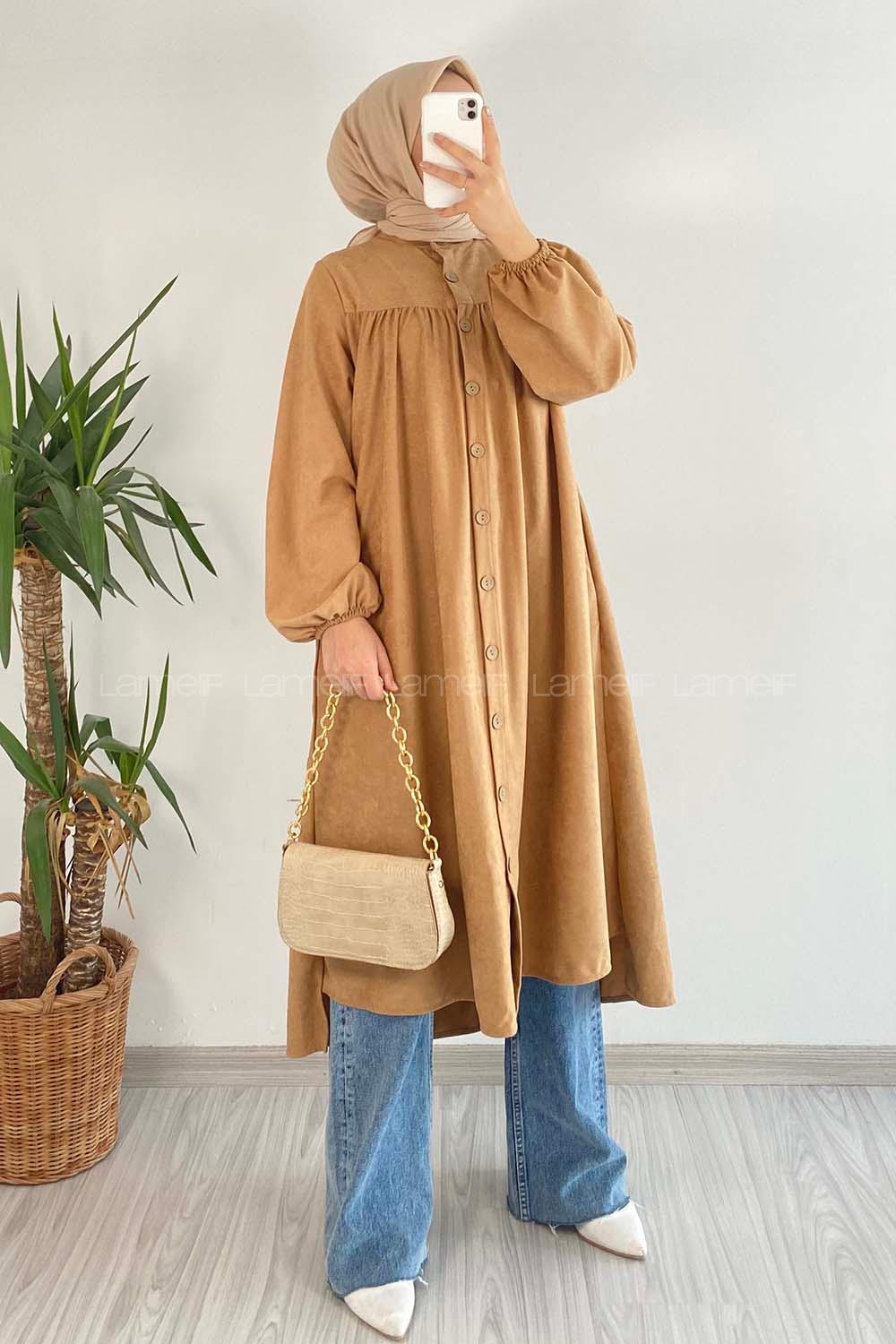 Modalamelif Önü Boydan Düğme Detaylı Gizli Cepli Tunik Sütlükahve
