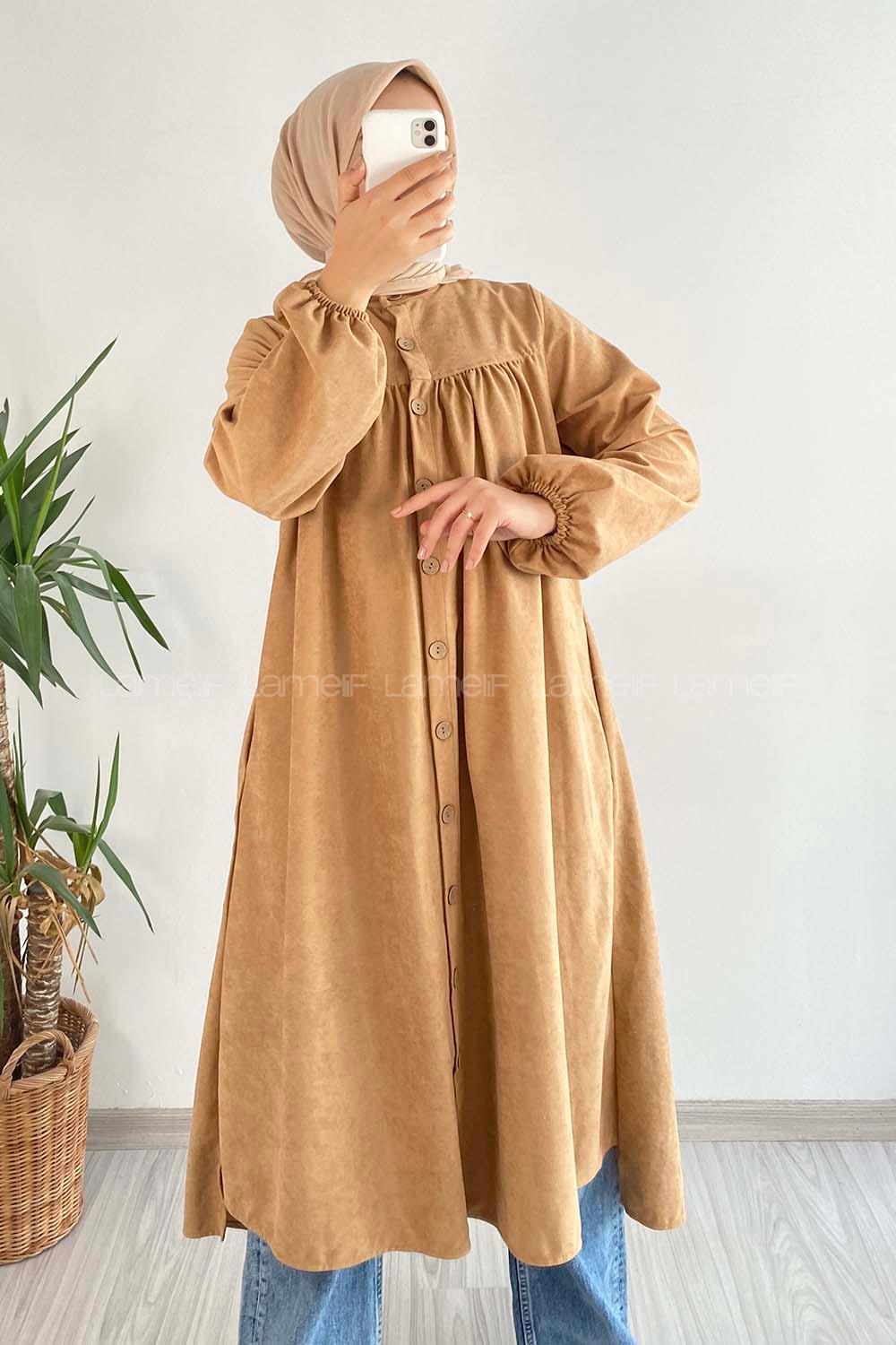 Modalamelif Önü Boydan Düğme Detaylı Gizli Cepli Tunik Sütlükahve