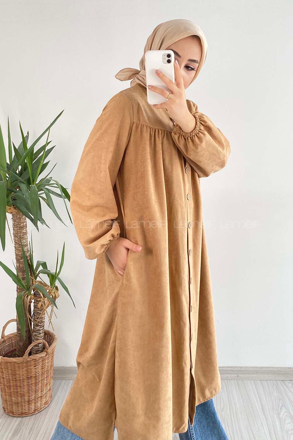 Modalamelif Önü Boydan Düğme Detaylı Gizli Cepli Tunik Sütlükahve