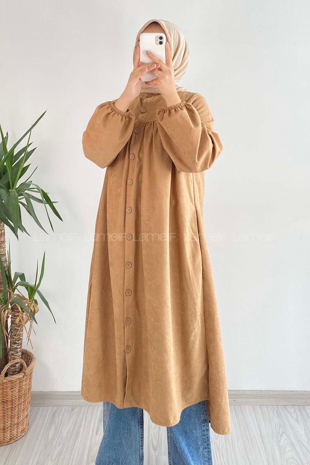 Modalamelif Önü Boydan Düğme Detaylı Gizli Cepli Tunik Sütlükahve