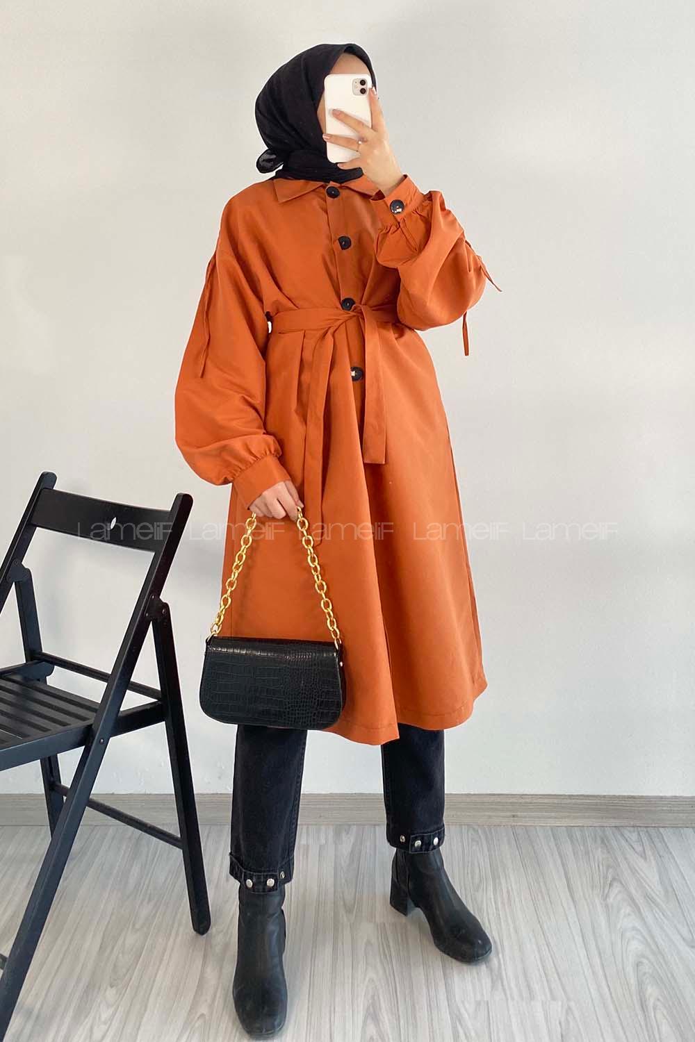 Modalamelif Önü Boydan Düğme Detaylı Gizli Cepli Kuşak Bağlamalı Trenç Kiremit