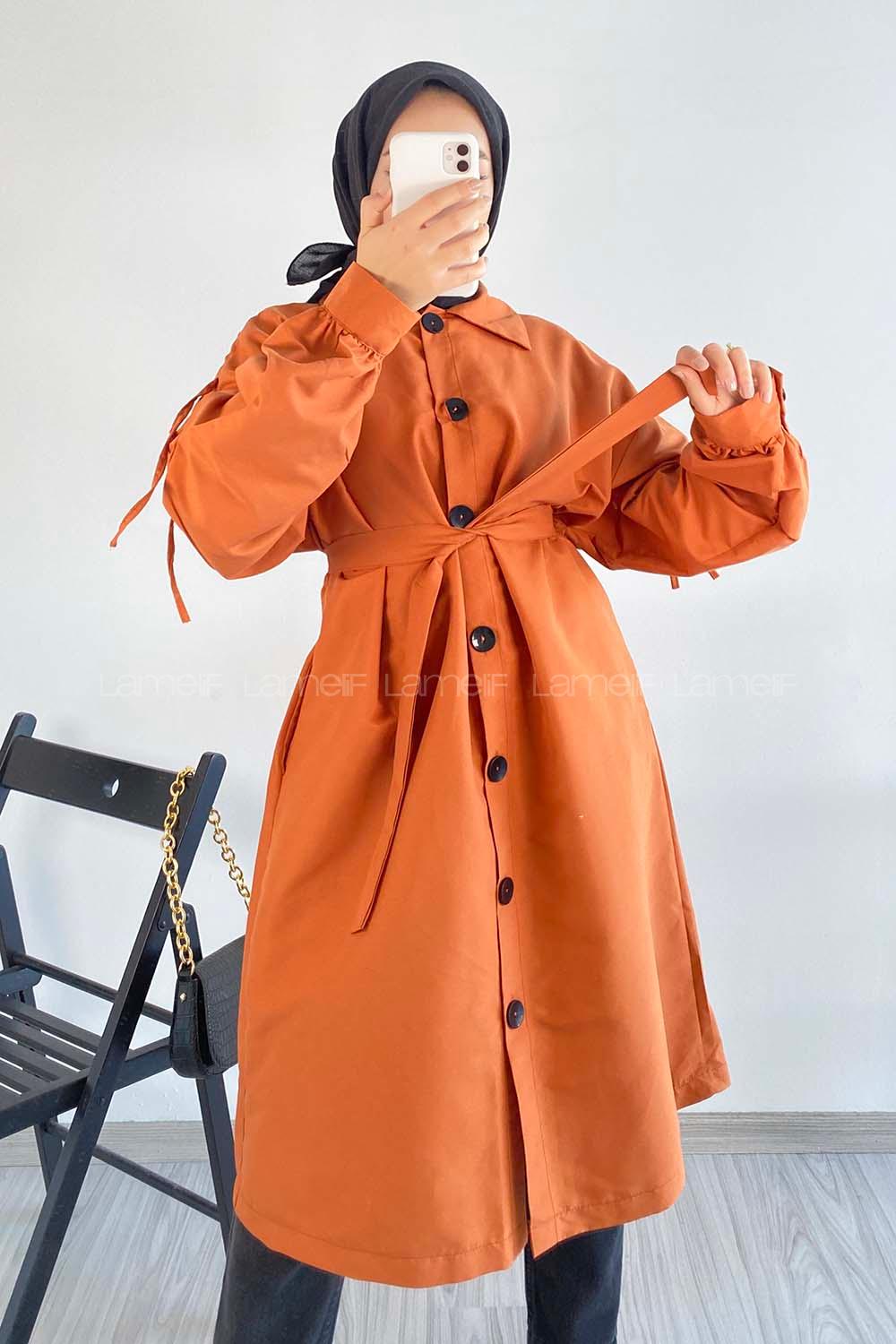 Modalamelif Önü Boydan Düğme Detaylı Gizli Cepli Kuşak Bağlamalı Trenç Kiremit