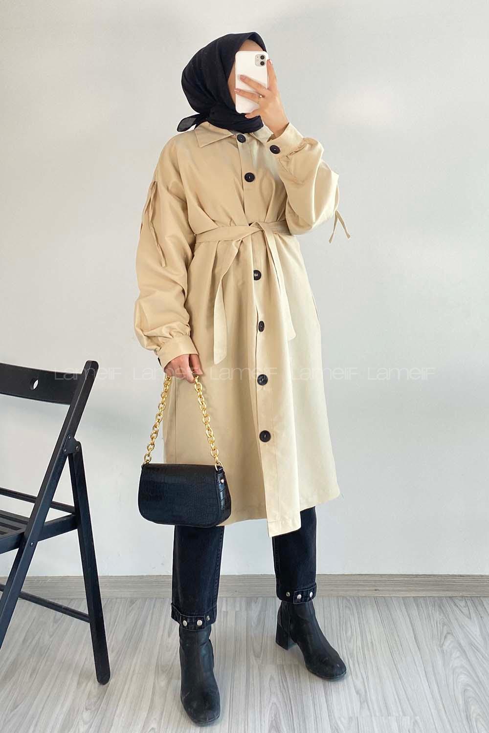 Modalamelif Önü Boydan Düğme Detaylı Gizli Cepli Kuşak Bağlamalı Trenç Taş