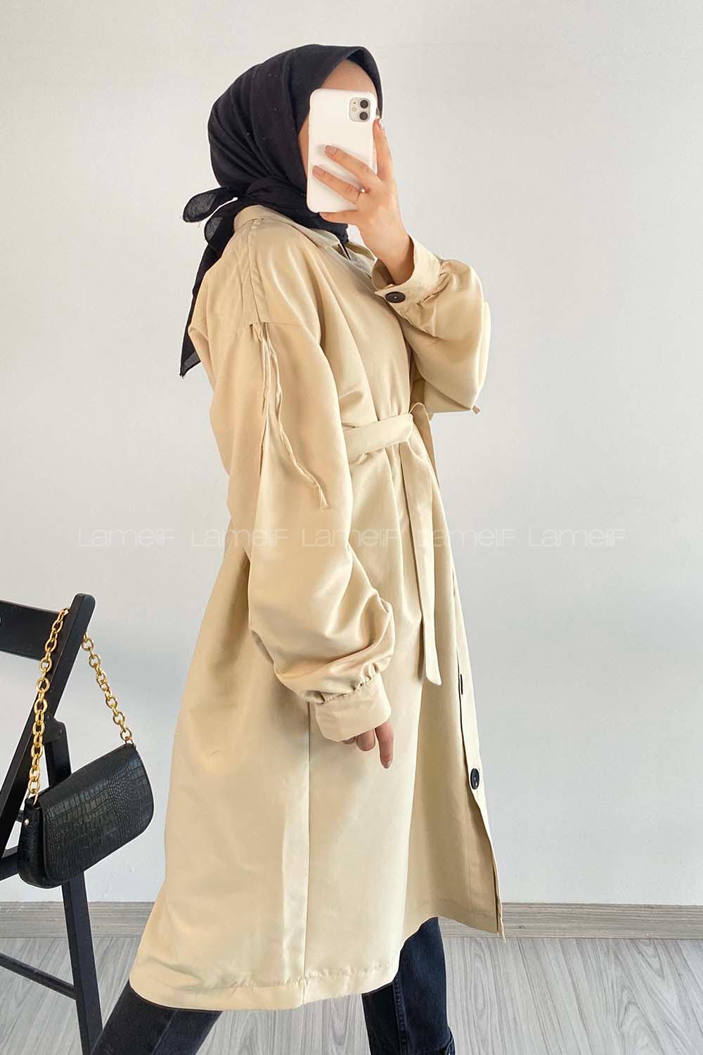 Modalamelif Önü Boydan Düğme Detaylı Gizli Cepli Kuşak Bağlamalı Trenç Taş