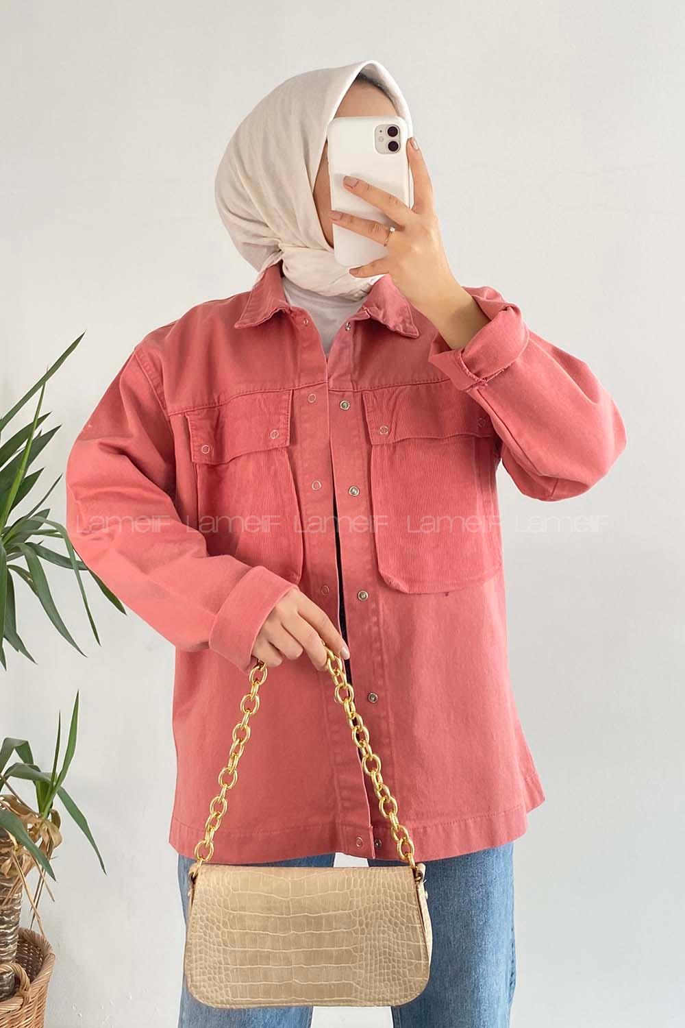Modalamelif Önü Düğmeli Çift Kapak Cepli Salaş Kot Ceket Pudra
