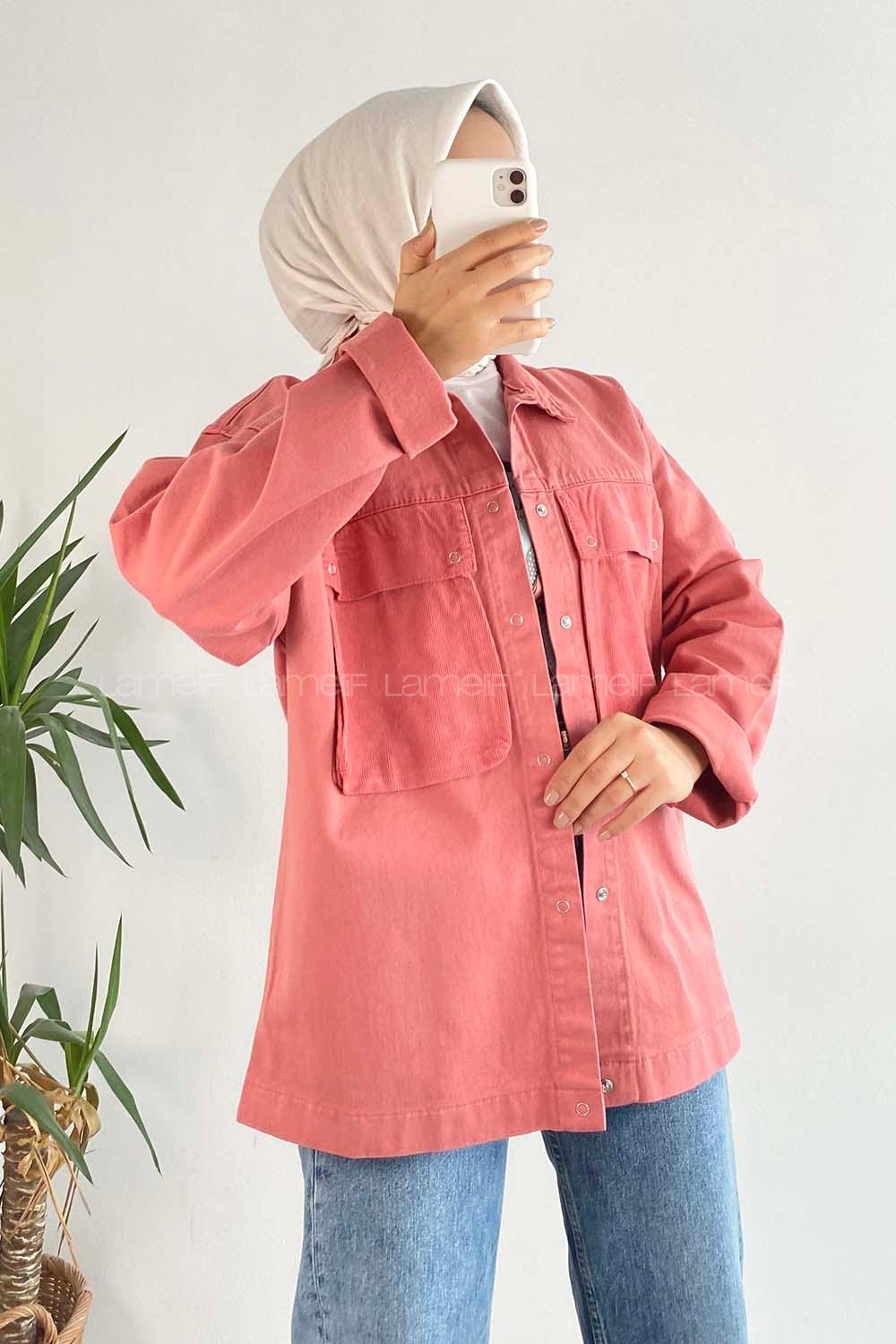Modalamelif Önü Düğmeli Çift Kapak Cepli Salaş Kot Ceket Pudra