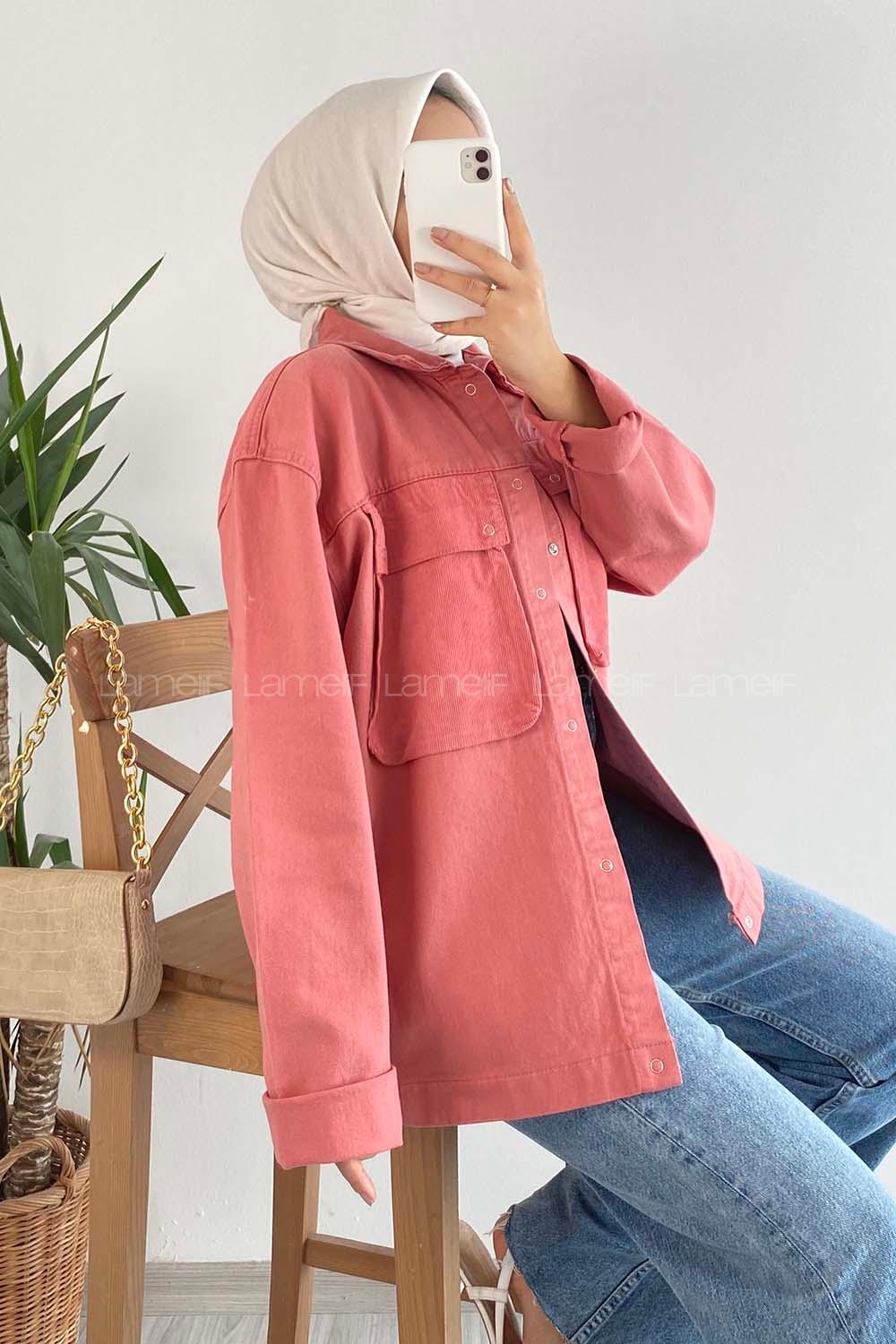 Modalamelif Önü Düğmeli Çift Kapak Cepli Salaş Kot Ceket Pudra