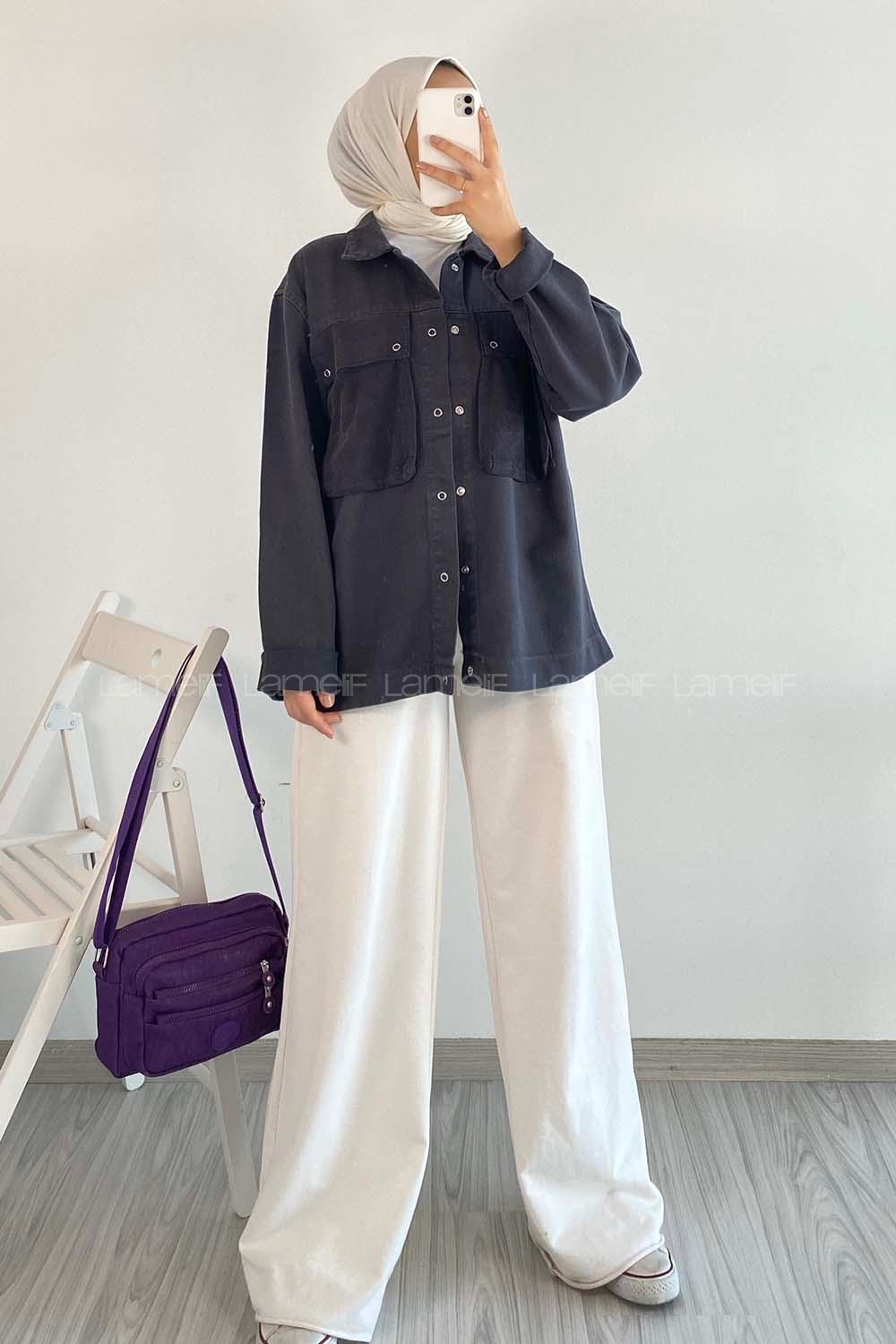 Modalamelif Önü Düğmeli Çift Kapak Cepli Salaş Kot Ceket Siyah