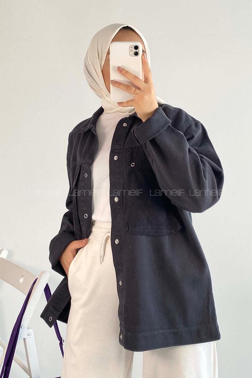 Modalamelif Önü Düğmeli Çift Kapak Cepli Salaş Kot Ceket Siyah