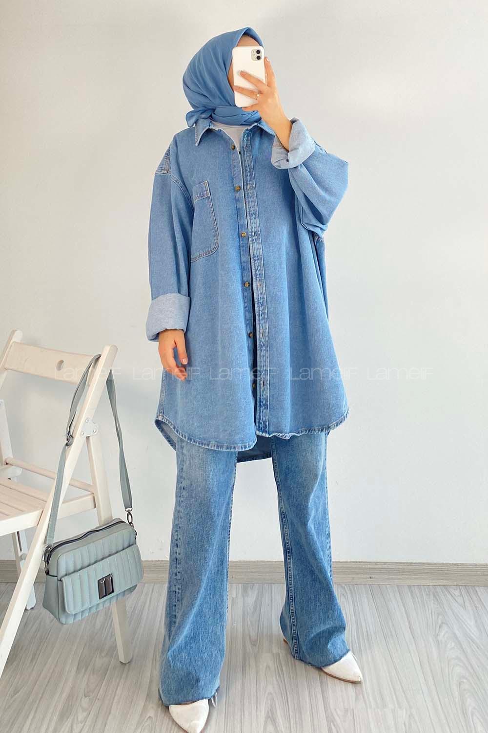 Modalamelif Önü Düğmeli Tek Cepli Salaş Kot Ceket Kot Mavisi