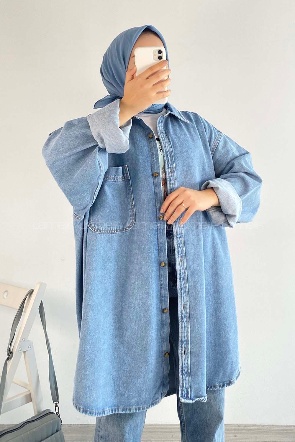 Modalamelif Önü Düğmeli Tek Cepli Salaş Kot Ceket Kot Mavisi