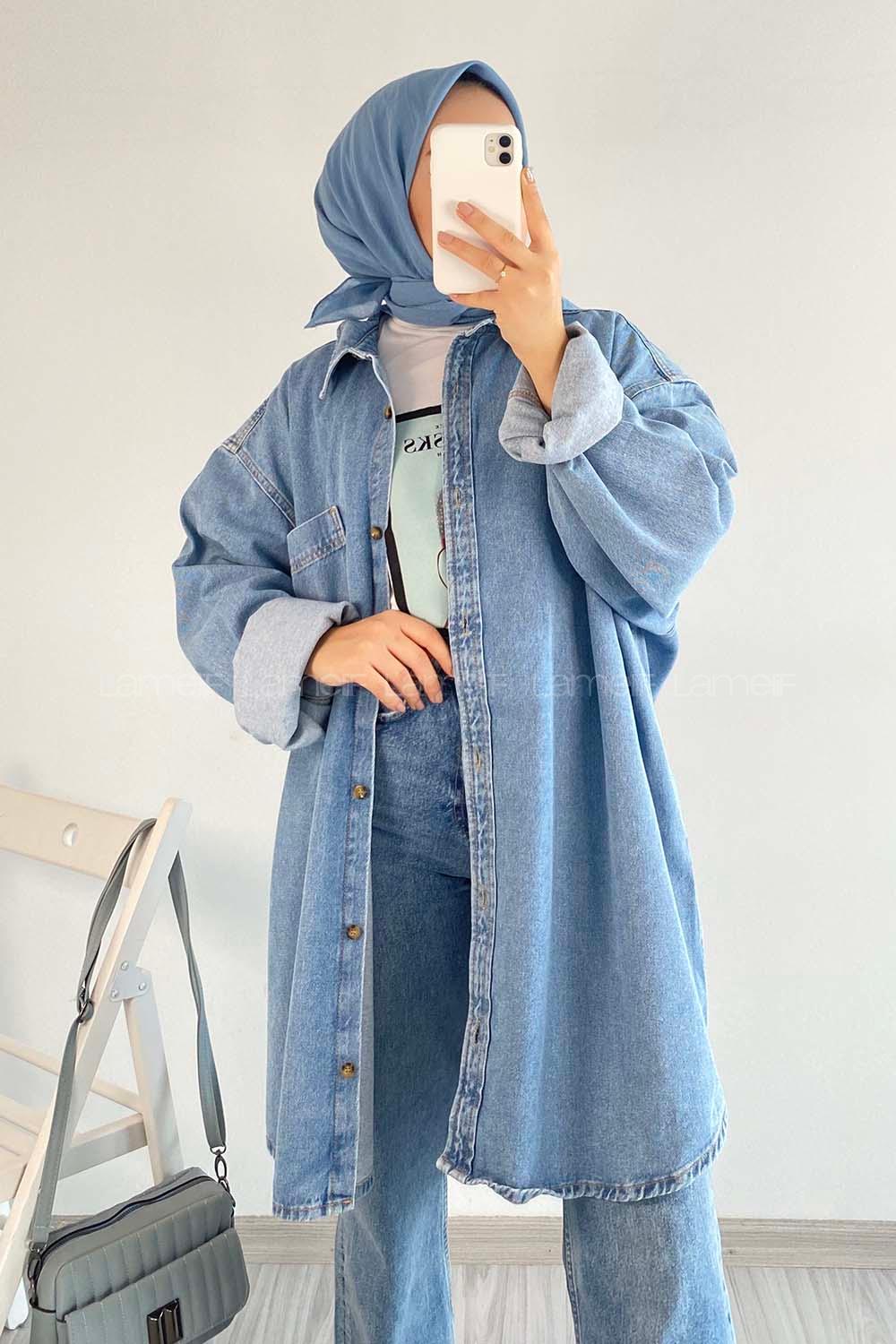 Modalamelif Önü Düğmeli Tek Cepli Salaş Kot Ceket Kot Mavisi