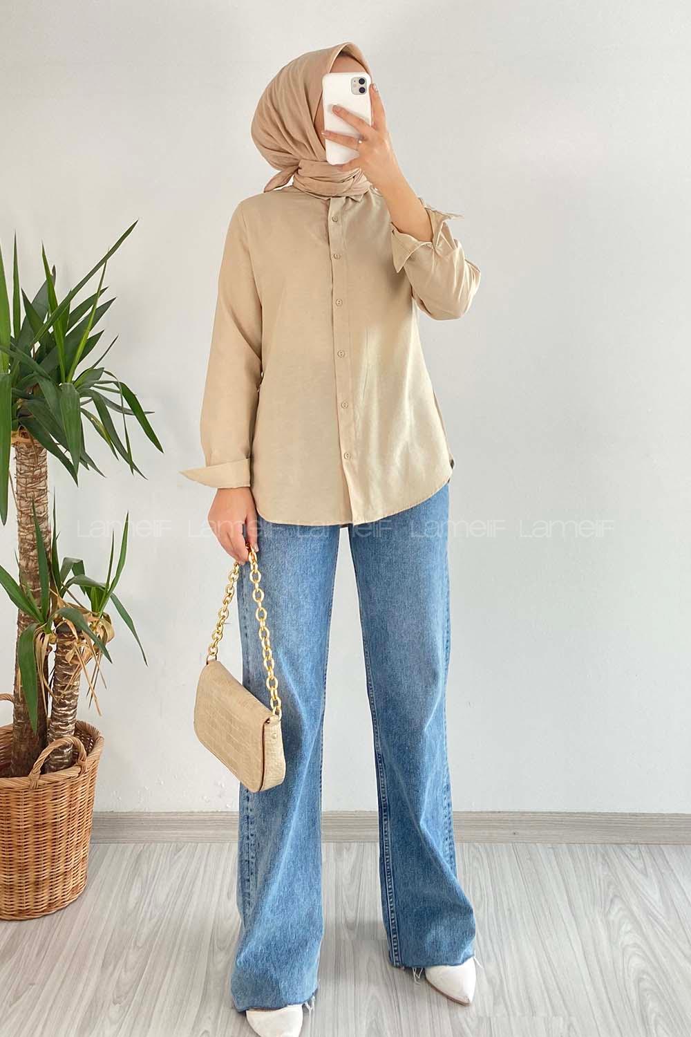 Modalamelif Önü Kısa Arkası Uzun Boydan Düğmeli Gömlek Bej