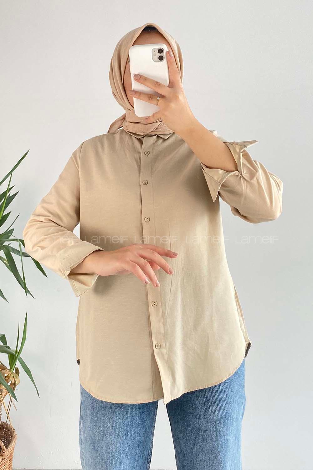 Modalamelif Önü Kısa Arkası Uzun Boydan Düğmeli Gömlek Bej