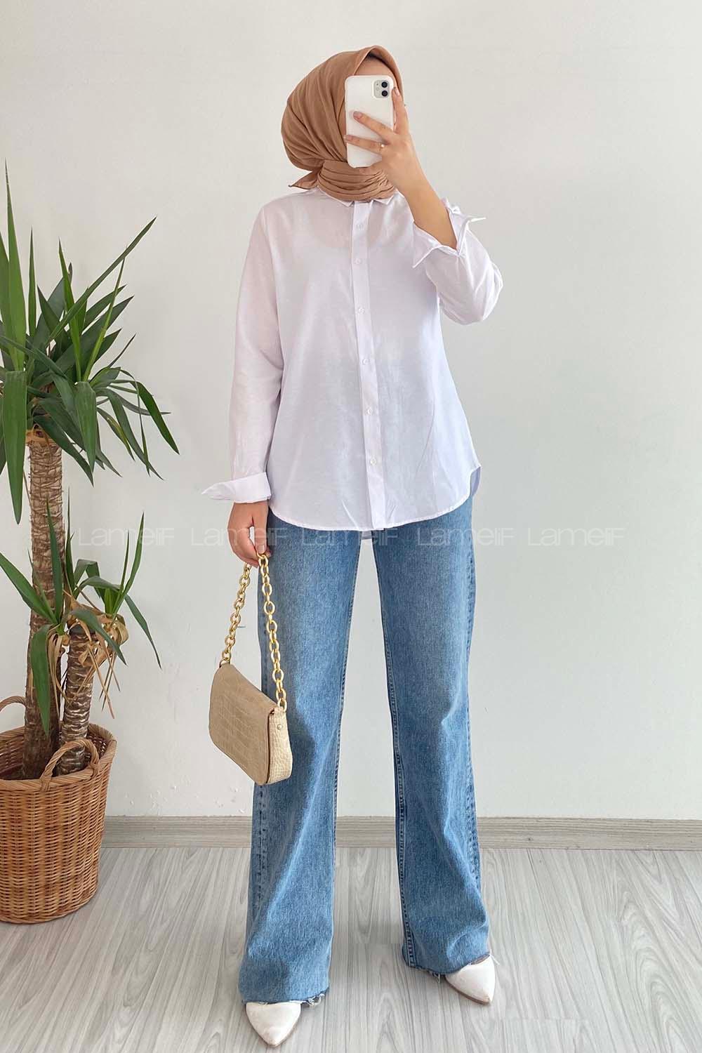 Modalamelif Önü Kısa Arkası Uzun Boydan Düğmeli Gömlek Beyaz