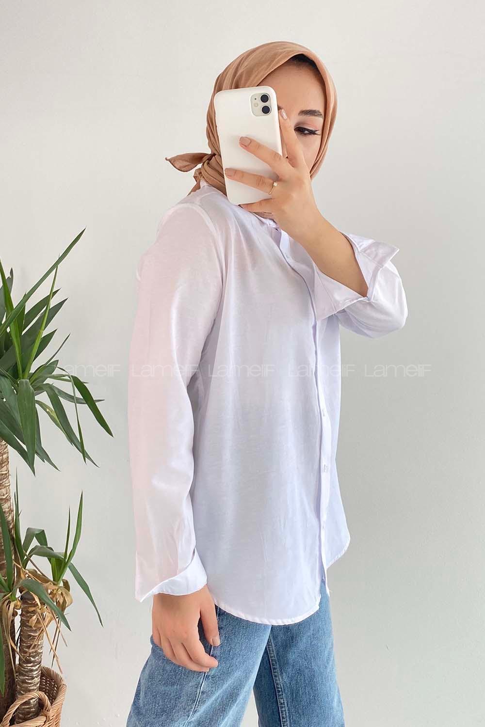 Modalamelif Önü Kısa Arkası Uzun Boydan Düğmeli Gömlek Beyaz