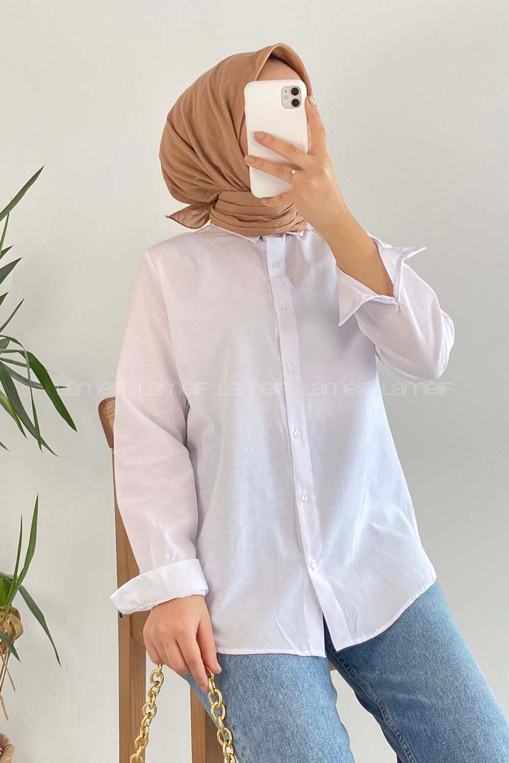 Modalamelif Önü Kısa Arkası Uzun Boydan Düğmeli Gömlek Beyaz