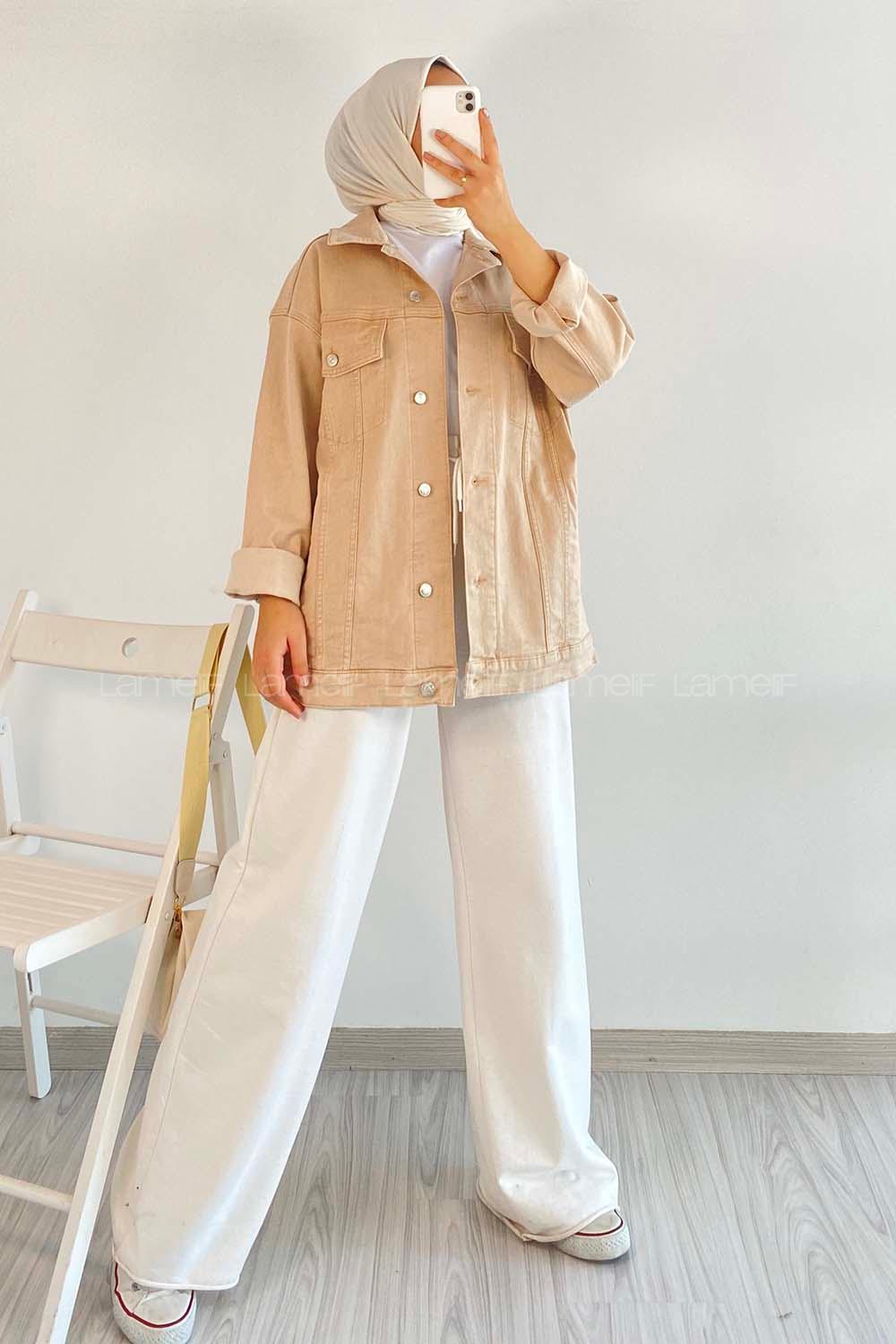 Modalamelif Önü Metal Düğmeli Kapak Cepli Salaş Kot Ceket Bej