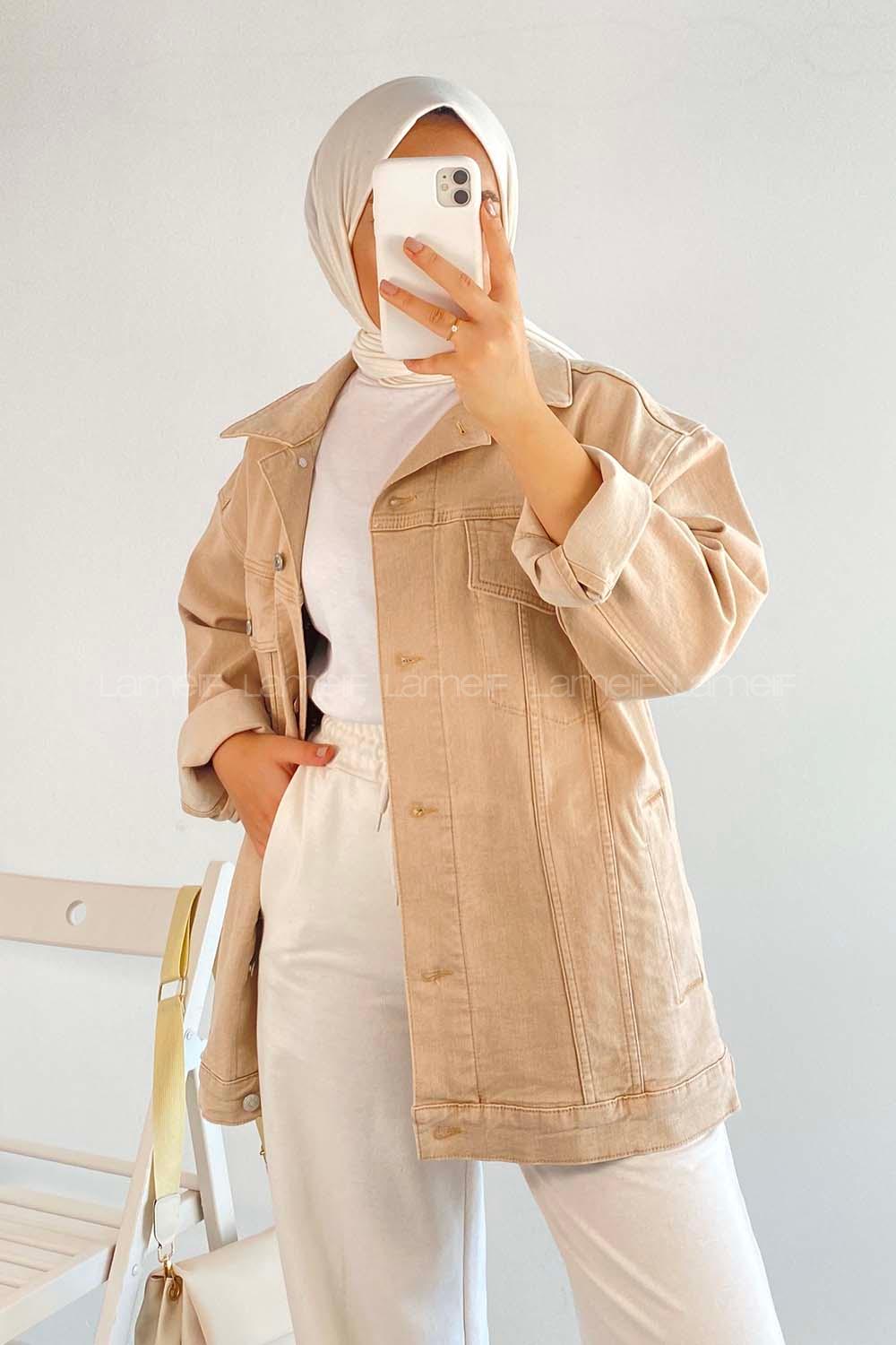 Modalamelif Önü Metal Düğmeli Kapak Cepli Salaş Kot Ceket Bej