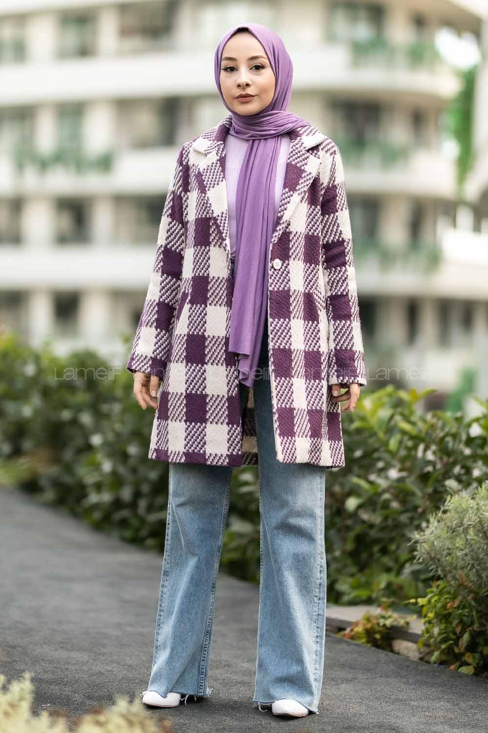 Modalamelif Alara Tek Düğme Detaylı Çift Cepli Kaban Mor