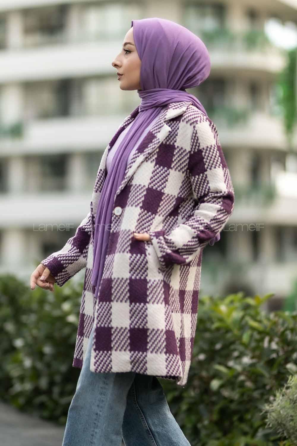 Modalamelif Alara Tek Düğme Detaylı Çift Cepli Kaban Mor