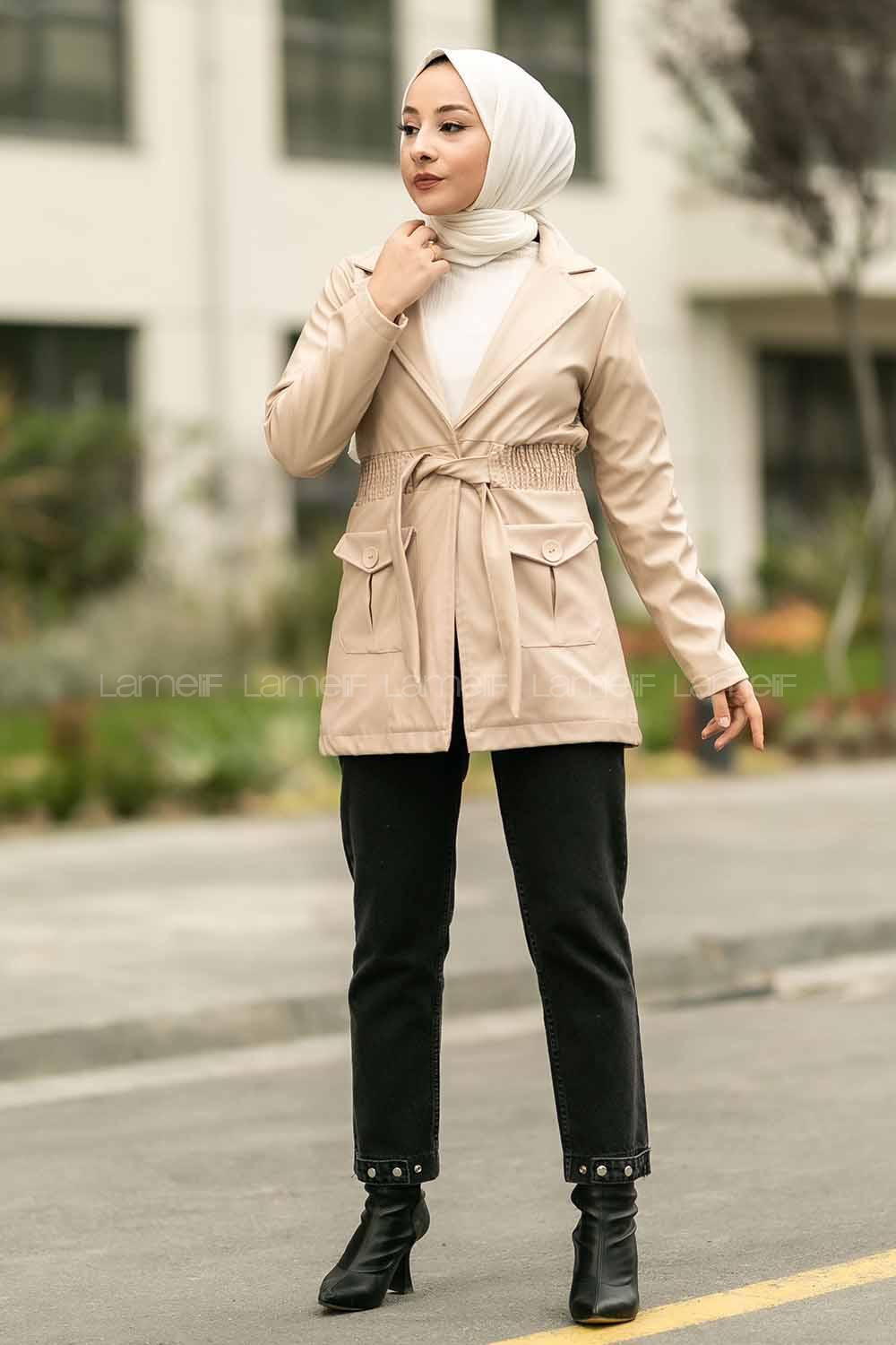 Modalamelif Beli Büzgülü Çift Kapak Cepli Deri Mont Bej