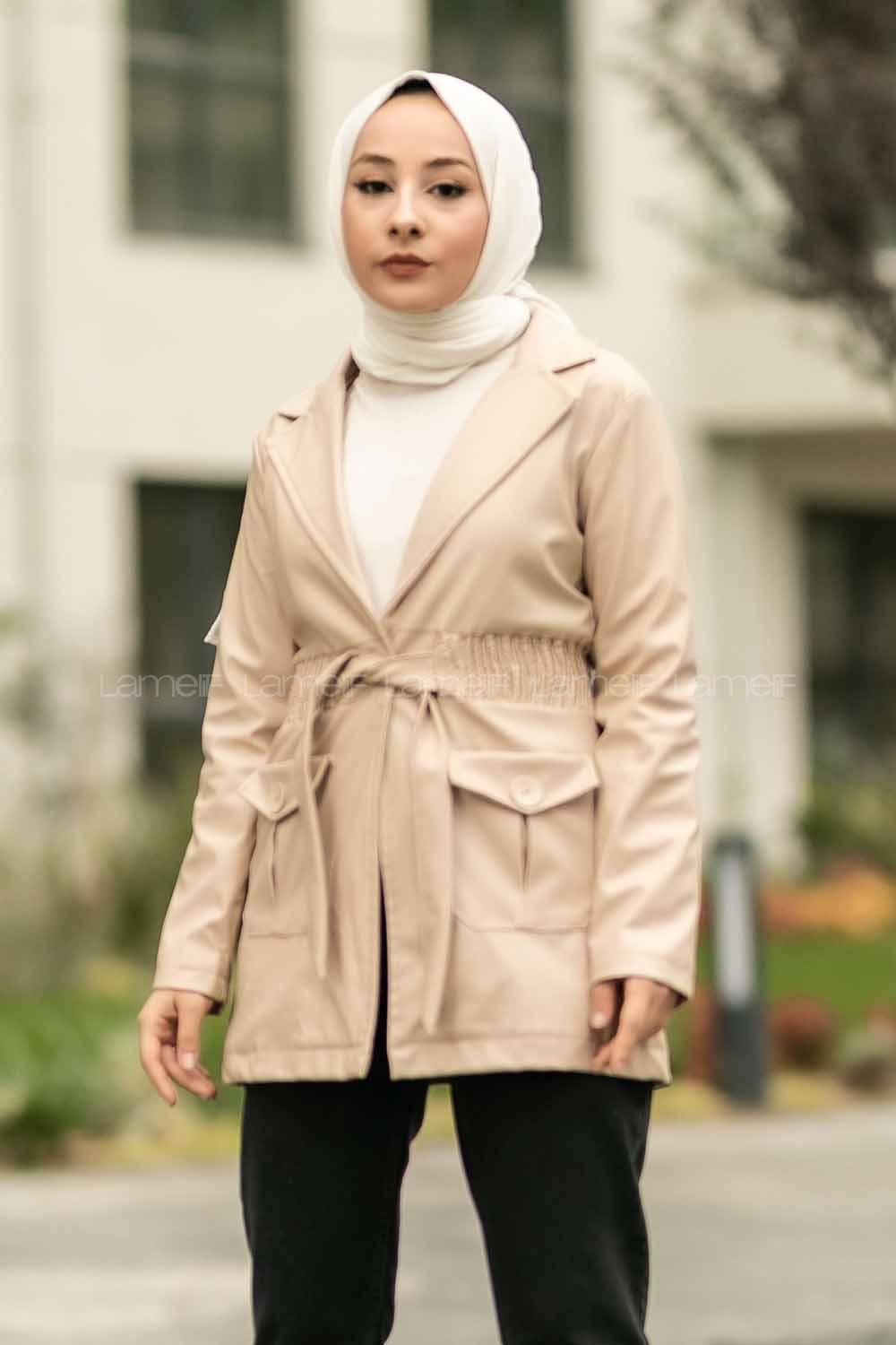 Modalamelif Beli Büzgülü Çift Kapak Cepli Deri Mont Bej