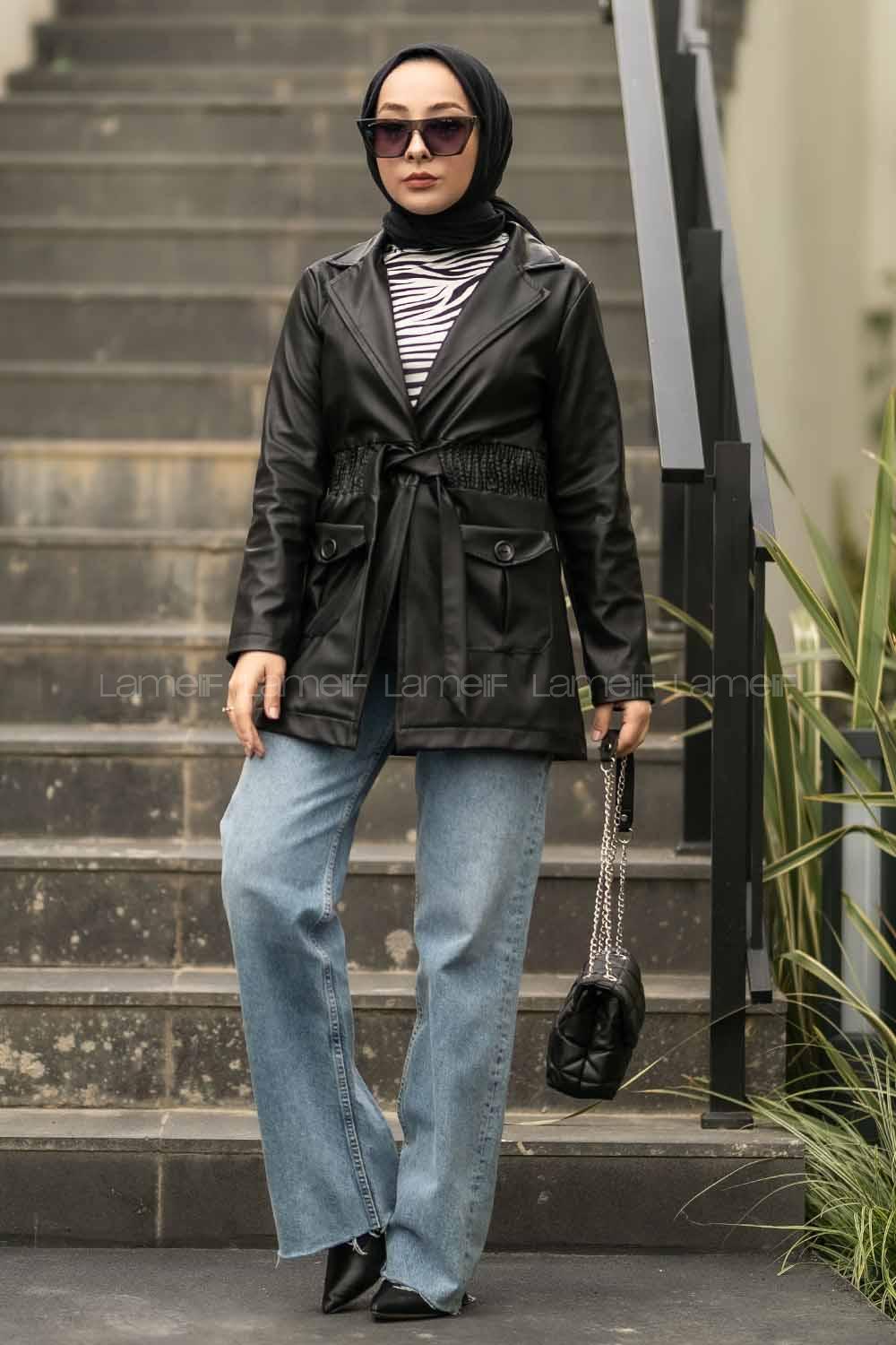 Modalamelif Beli Büzgülü Çift Kapak Cepli Deri Mont Siyah