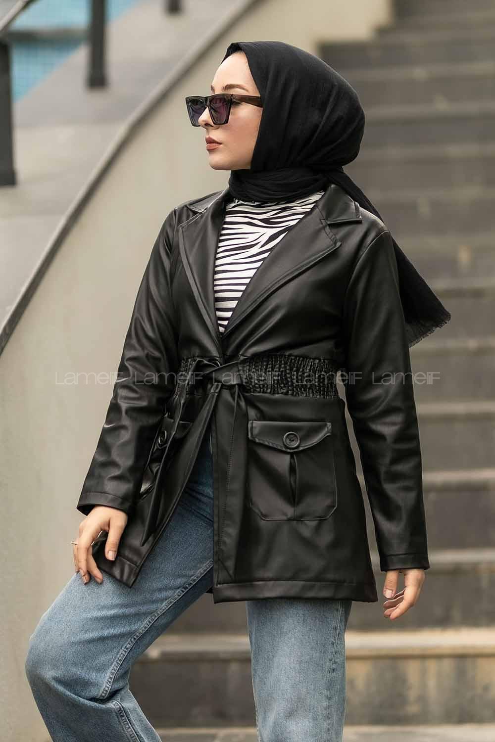 Modalamelif Beli Büzgülü Çift Kapak Cepli Deri Mont Siyah