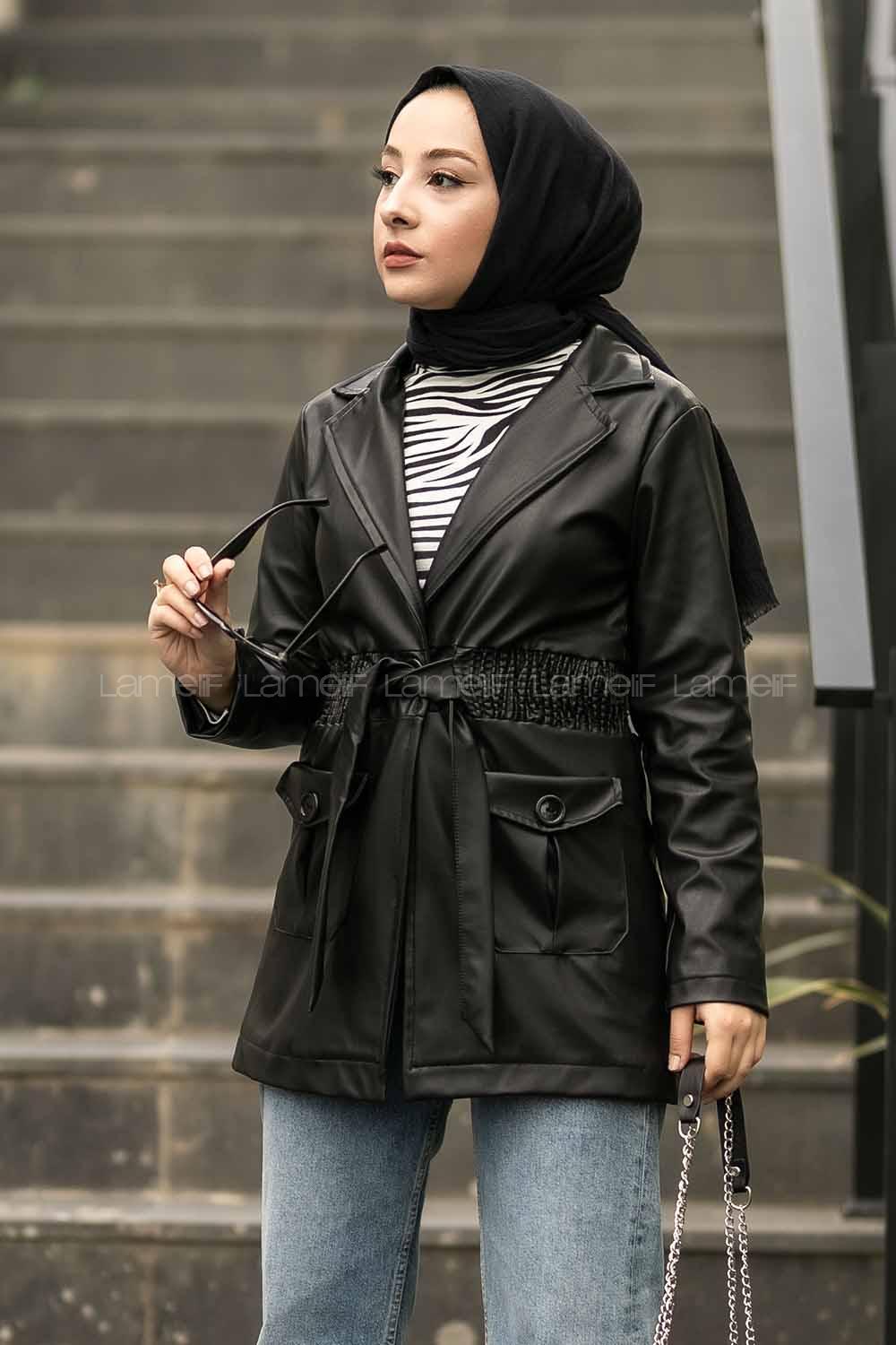 Modalamelif Beli Büzgülü Çift Kapak Cepli Deri Mont Siyah