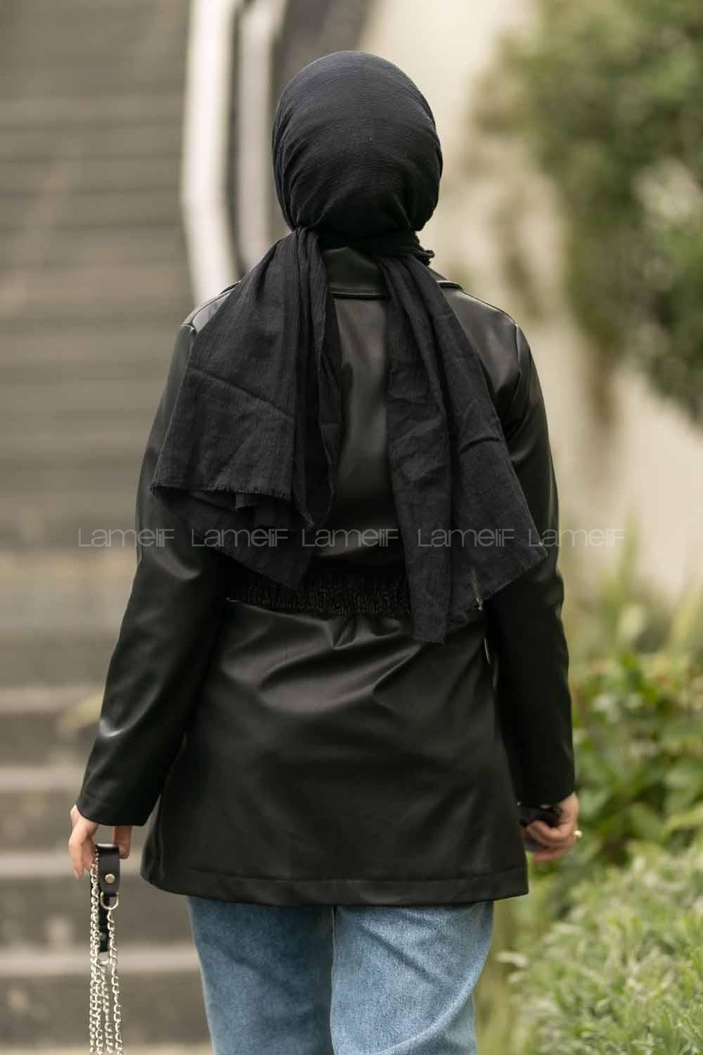 Modalamelif Beli Büzgülü Çift Kapak Cepli Deri Mont Siyah