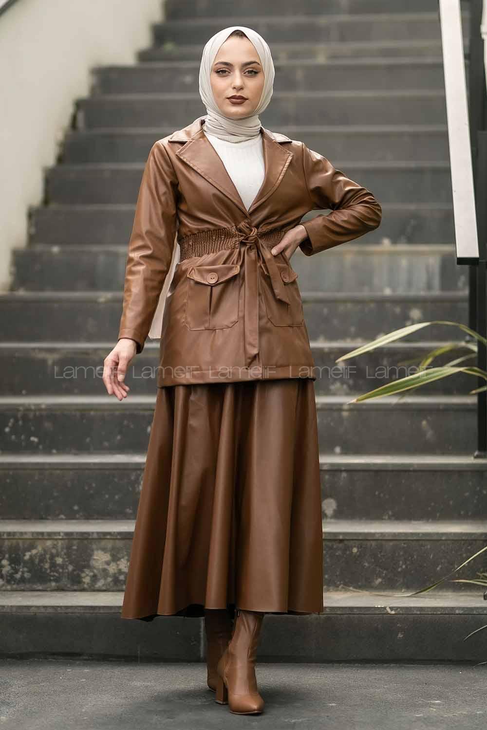 Modalamelif Beli Büzgülü Çift Kapak Cepli Deri Mont Taba