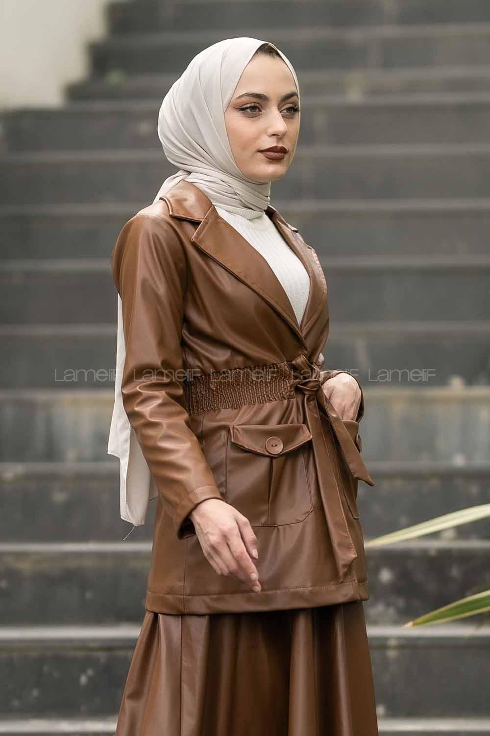 Modalamelif Beli Büzgülü Çift Kapak Cepli Deri Mont Taba