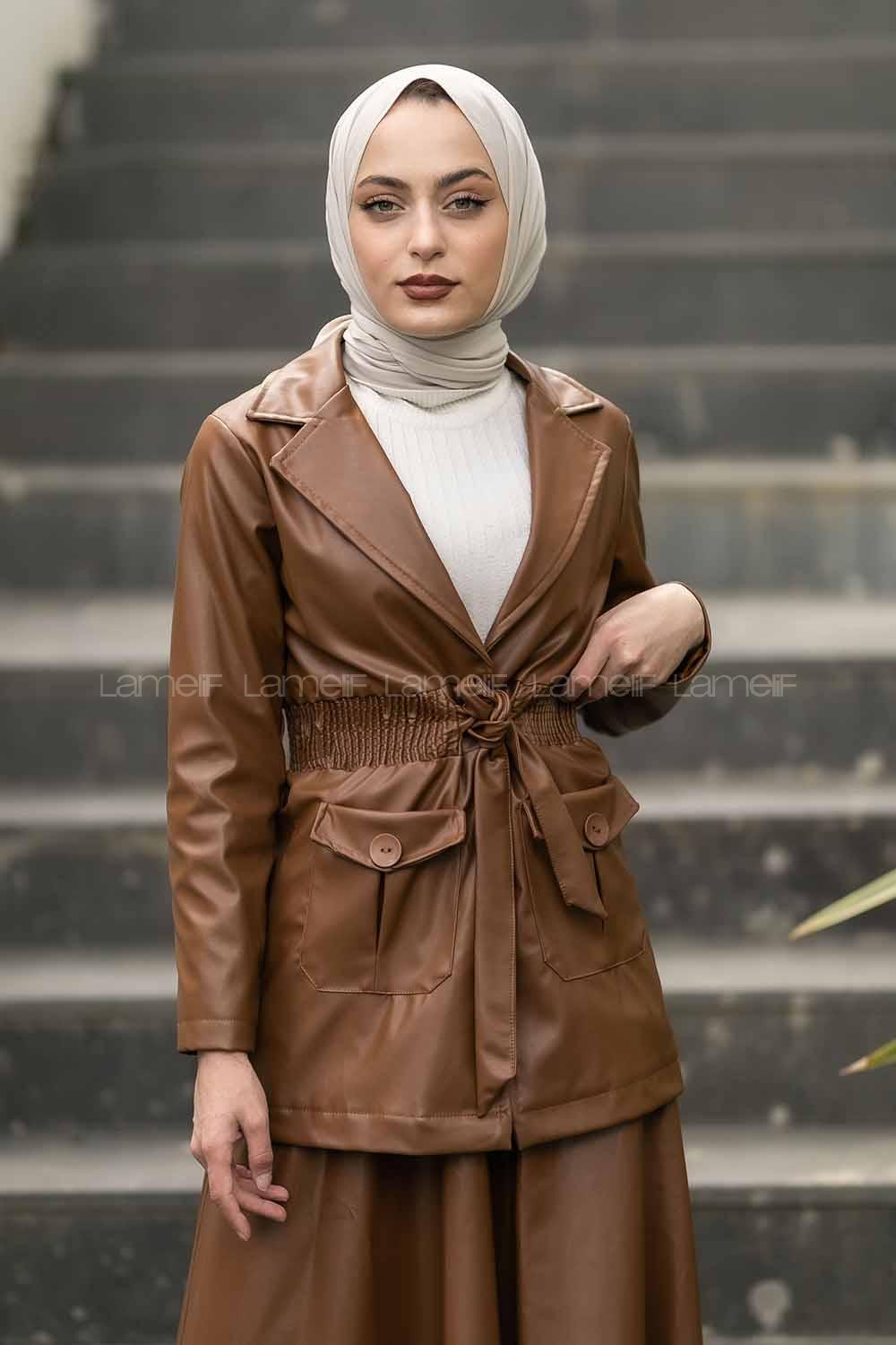 Modalamelif Beli Büzgülü Çift Kapak Cepli Deri Mont Taba