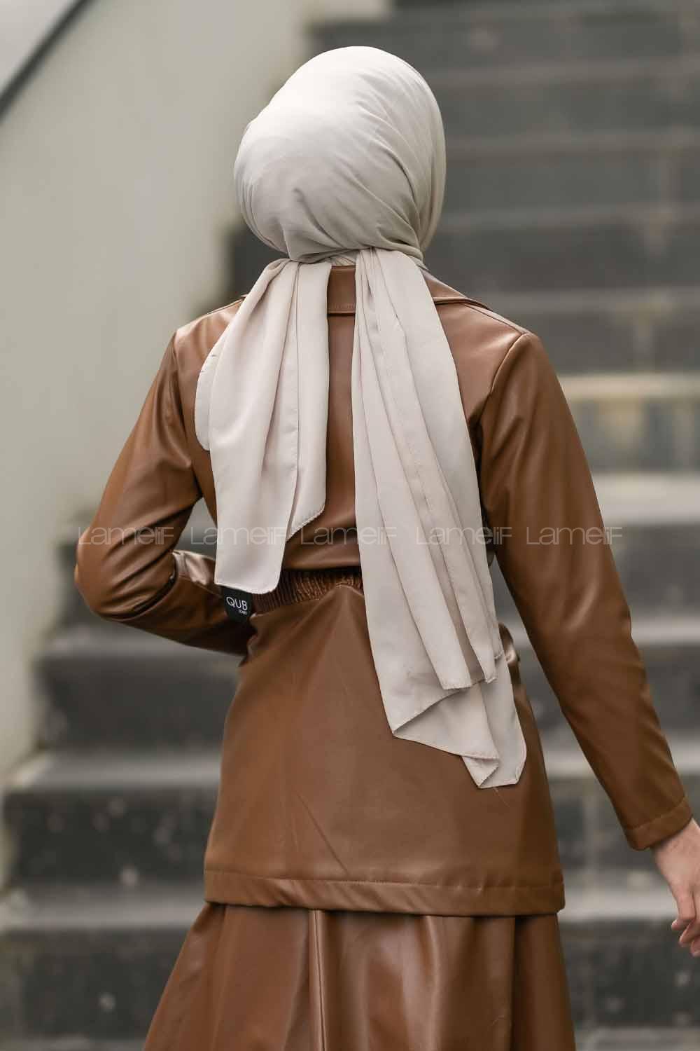 Modalamelif Beli Büzgülü Çift Kapak Cepli Deri Mont Taba