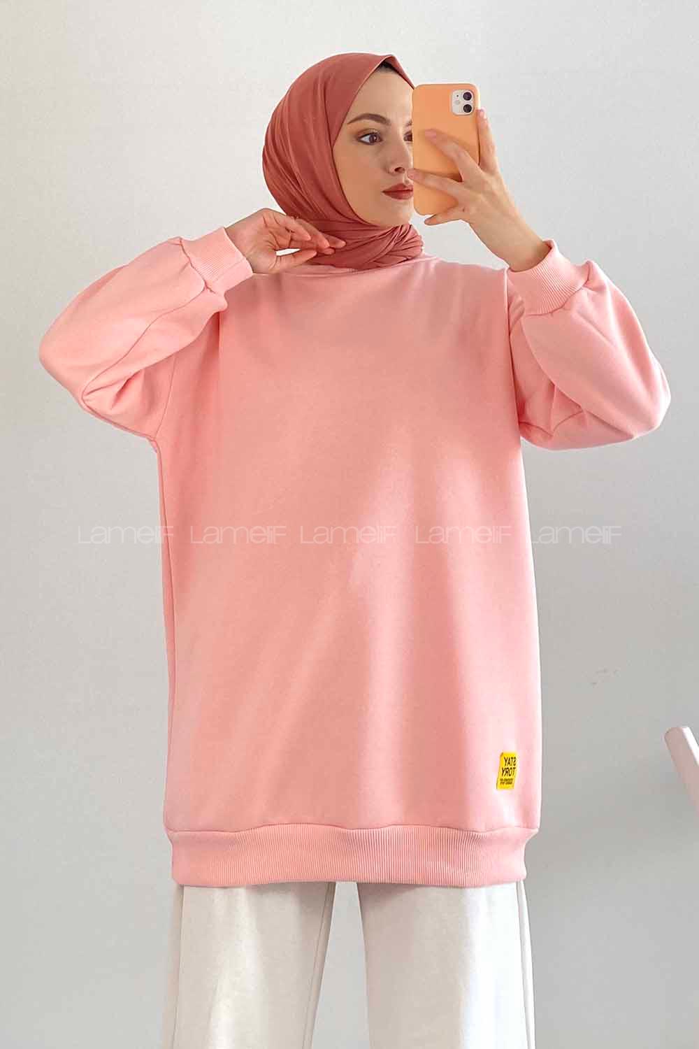 Modalamelif Bisiklet Yaka Salaş Arma Nakışlı Sweatshirt Pudra