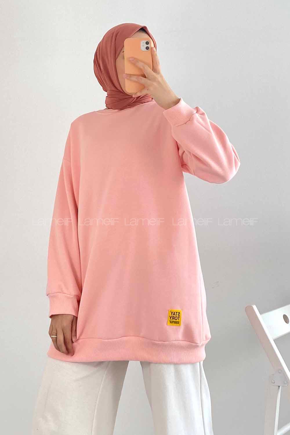 Modalamelif Bisiklet Yaka Salaş Arma Nakışlı Sweatshirt Pudra