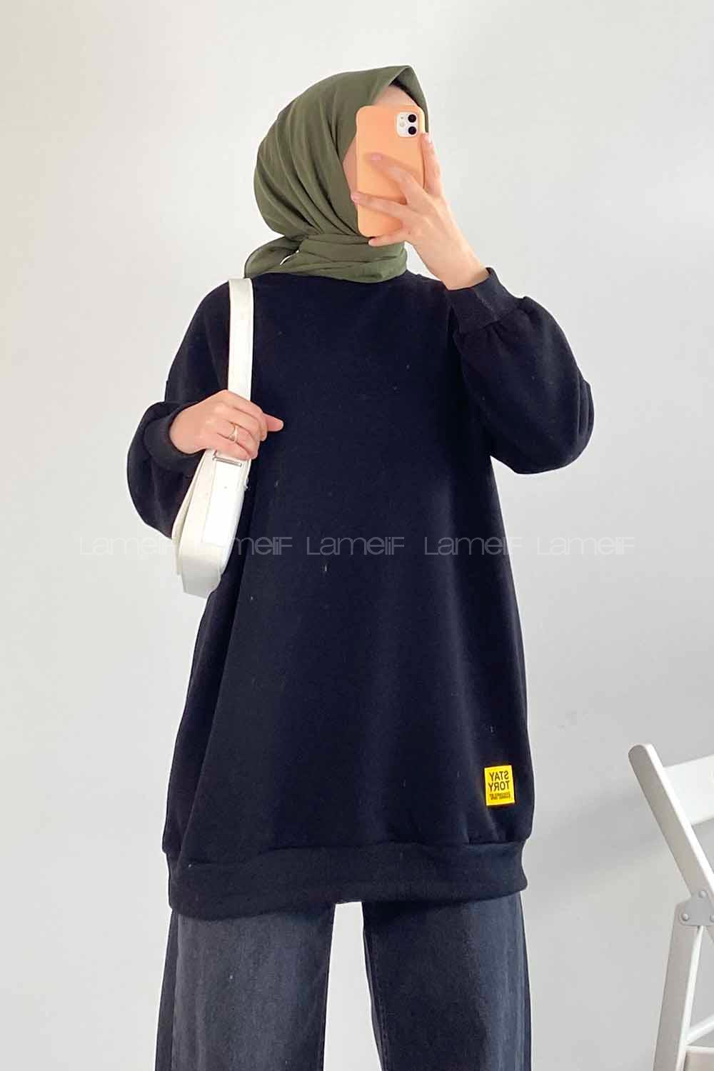 Modalamelif Bisiklet Yaka Salaş Arma Nakışlı Sweatshirt Siyah