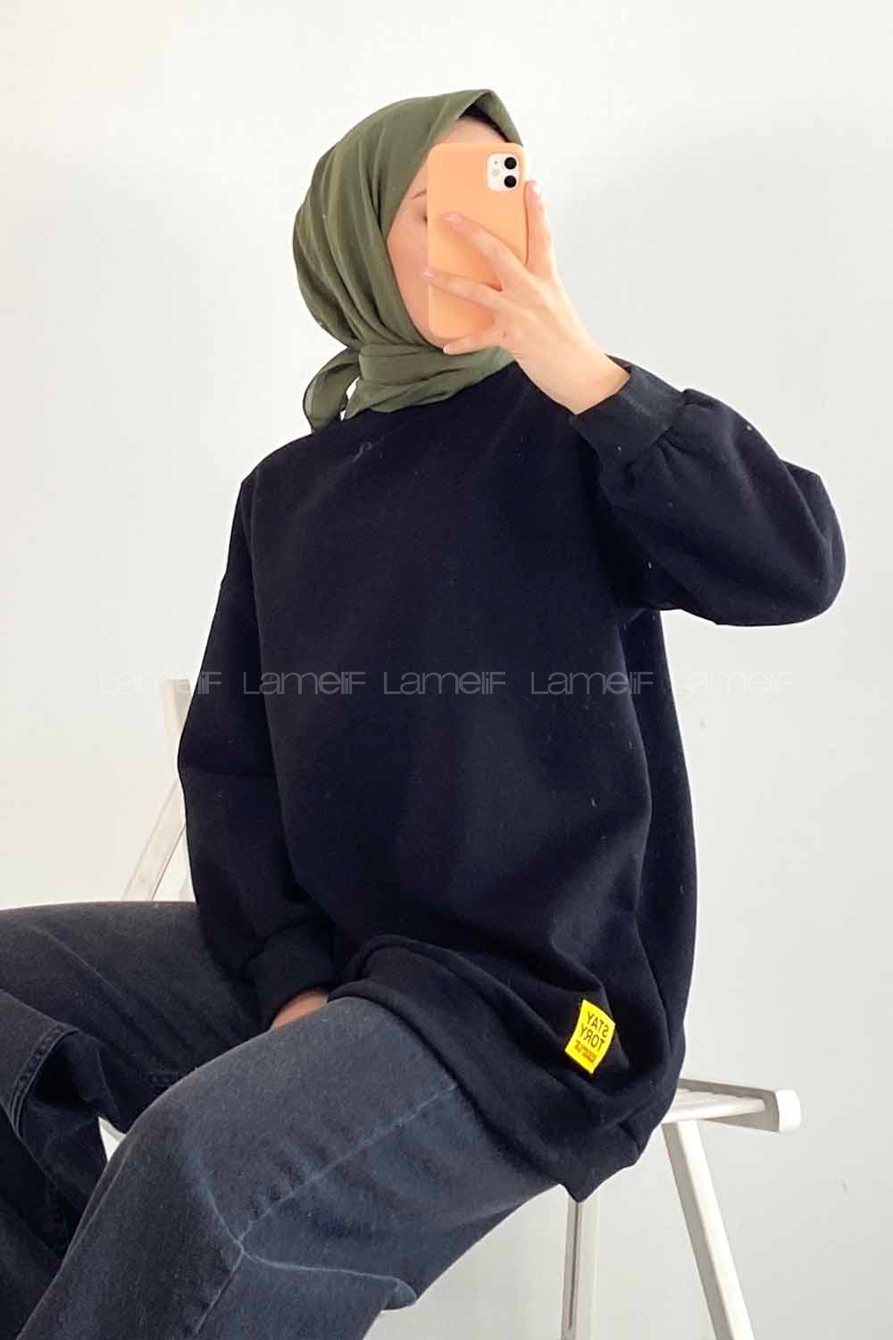 Modalamelif Bisiklet Yaka Salaş Arma Nakışlı Sweatshirt Siyah